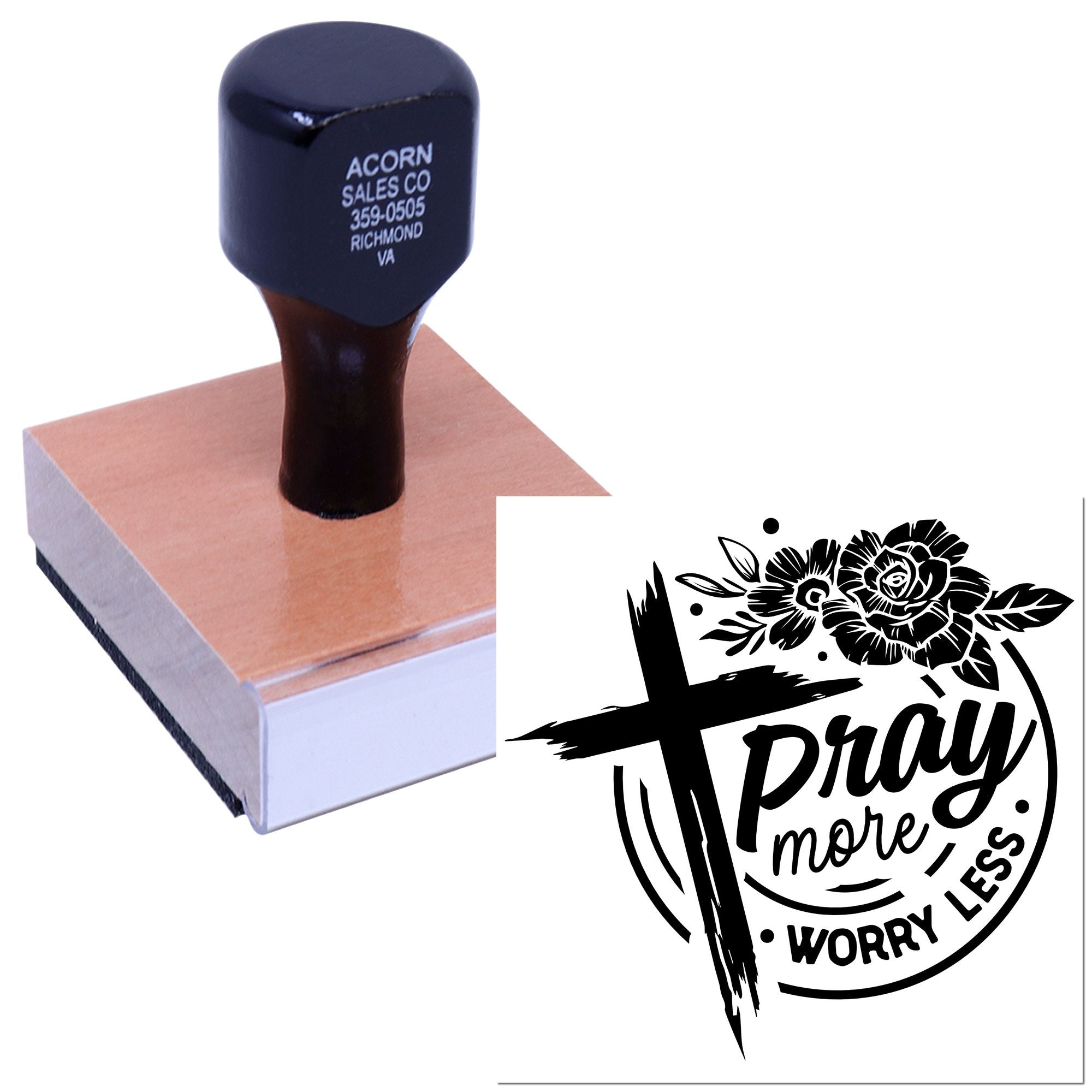 Custom rubber stamp for faith-based crafts featuring a floral cross and Pray More, Worry Less design.
