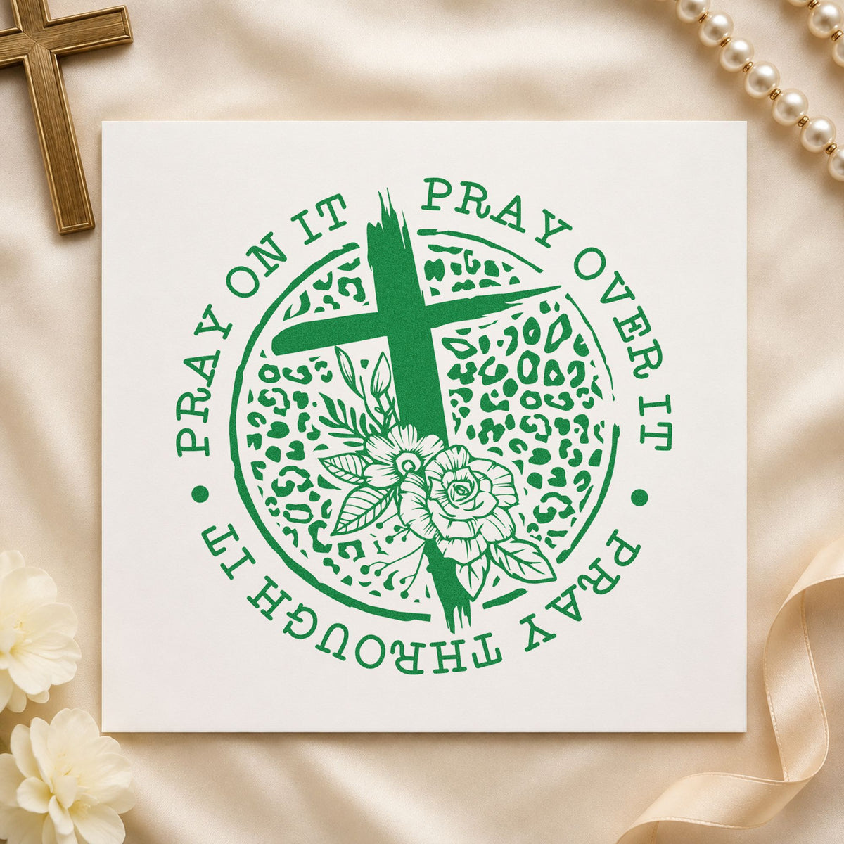 Pray Leopard Floral Circle With Cross Pre-Inked Stamp – Slim in use 3