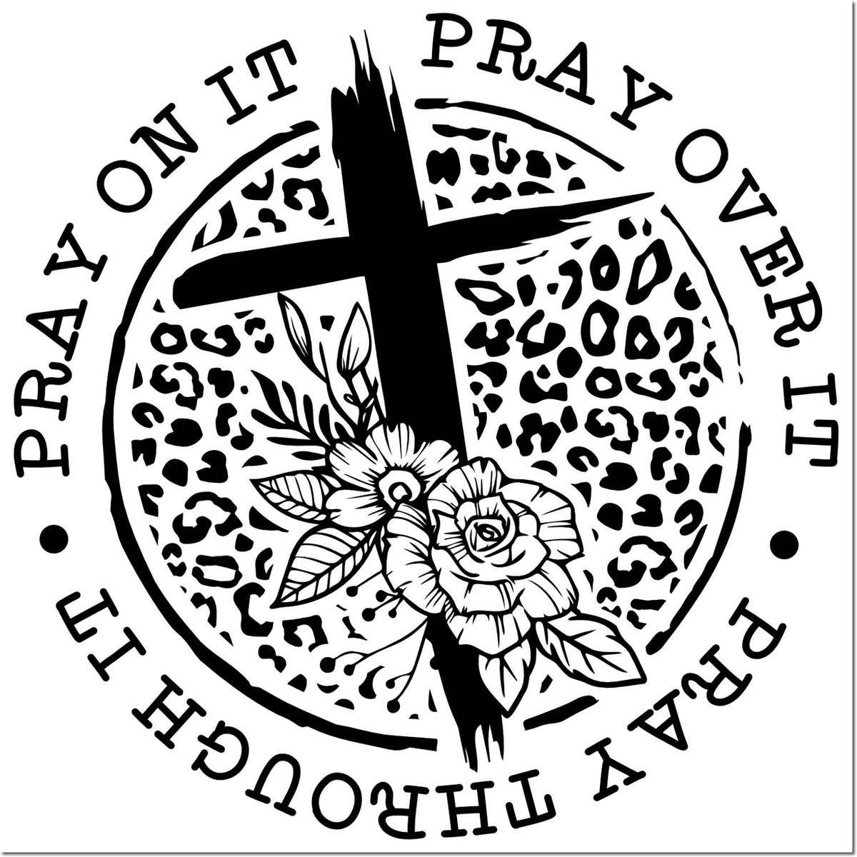 Christian rubber stamp design with cross, rose and leopard print, featuring a prayer quote for faith-based crafts.