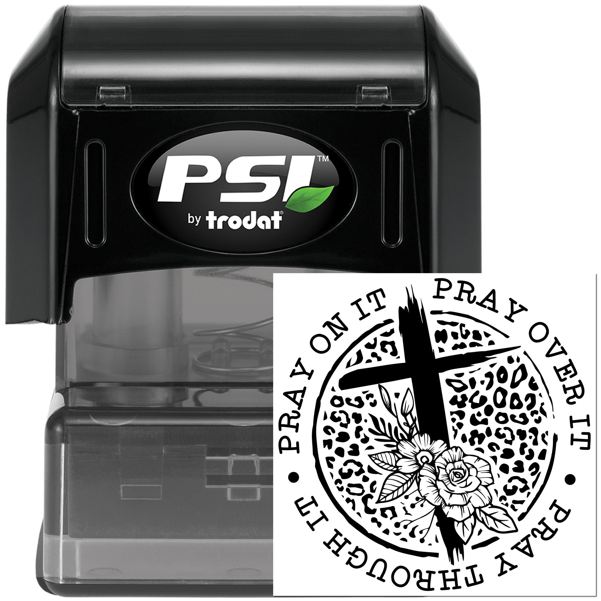 PSI by Trodat self-inking rubber stamp featuring a custom Christian floral cross design for prayer-themed stamping.
