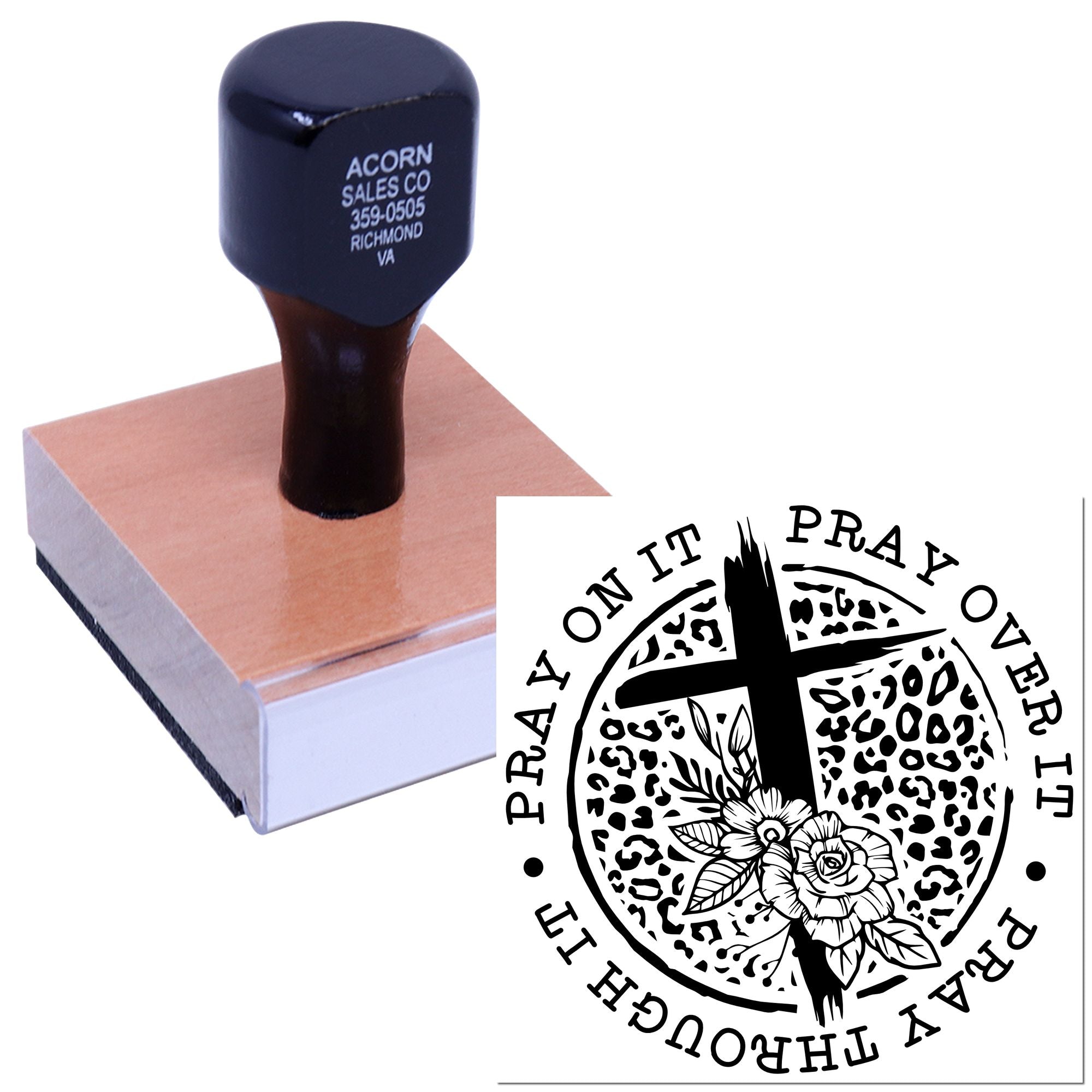 Custom rubber stamp with Christian prayer design, cross and floral imprint, shown on ink pad for handmade stamping projects