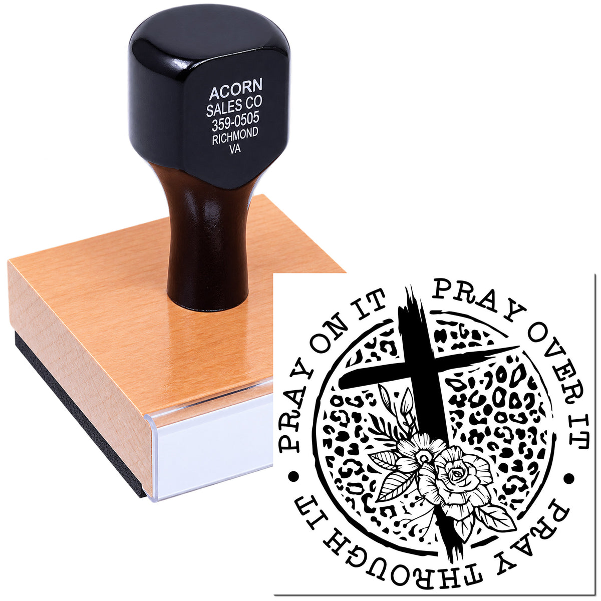Custom rubber stamp with Christian prayer design, cross and floral imprint, shown on ink pad for handmade stamping projects