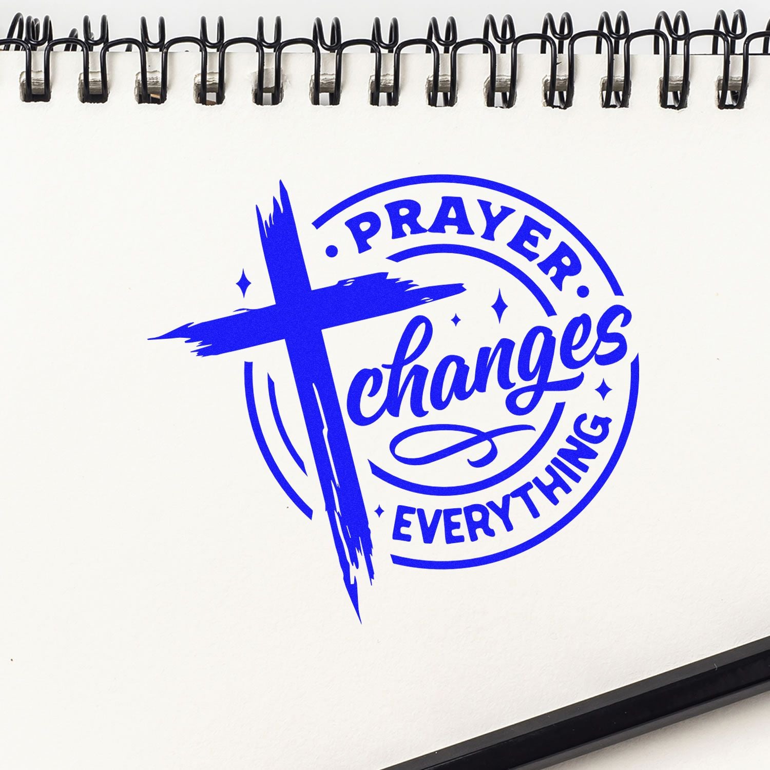 Blue Prayer Changes Everything cross rubber stamp design for Christian faith and custom stamp projects.