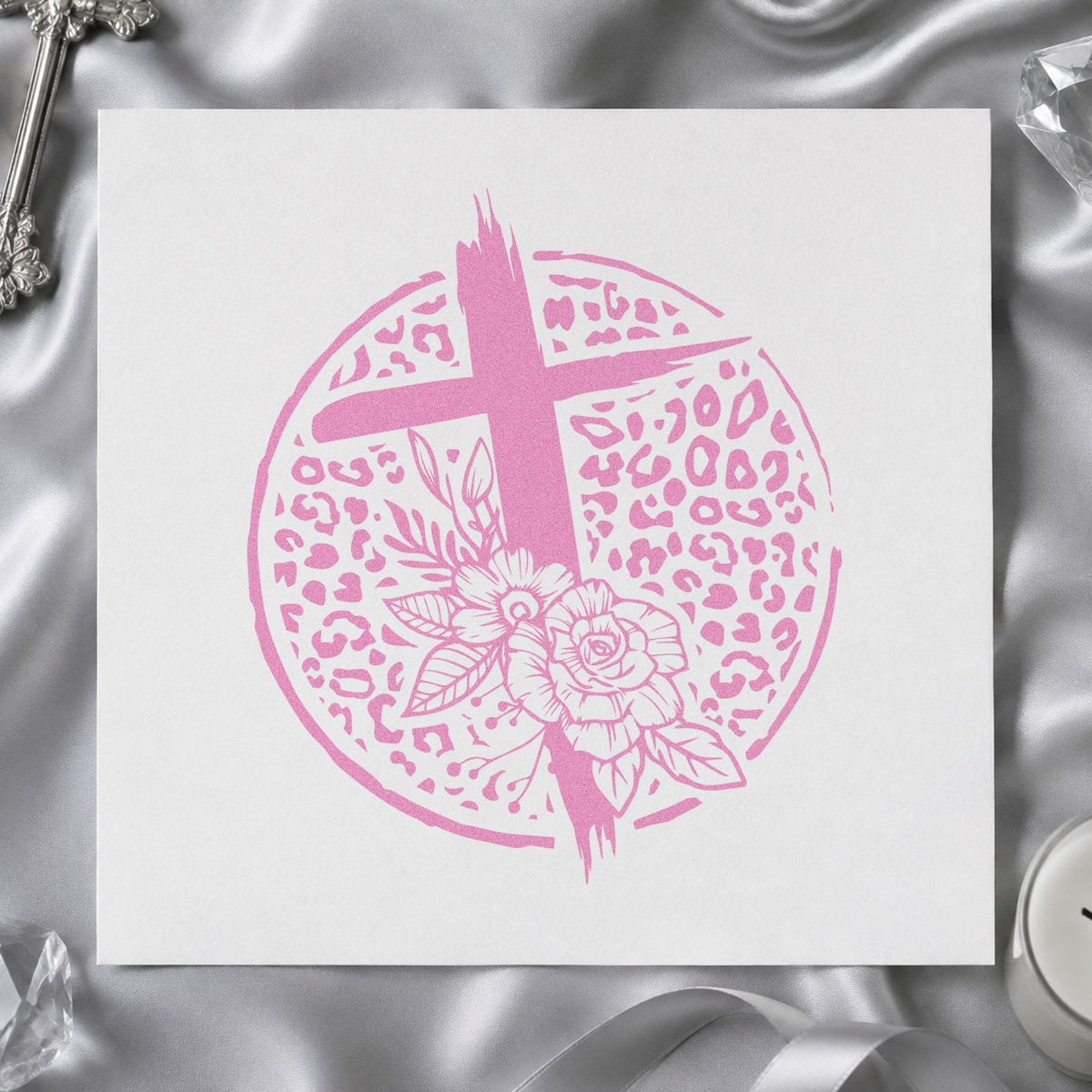 Cross And Flowers Leopard Circle Self-Inking Craft Stamp in use 10