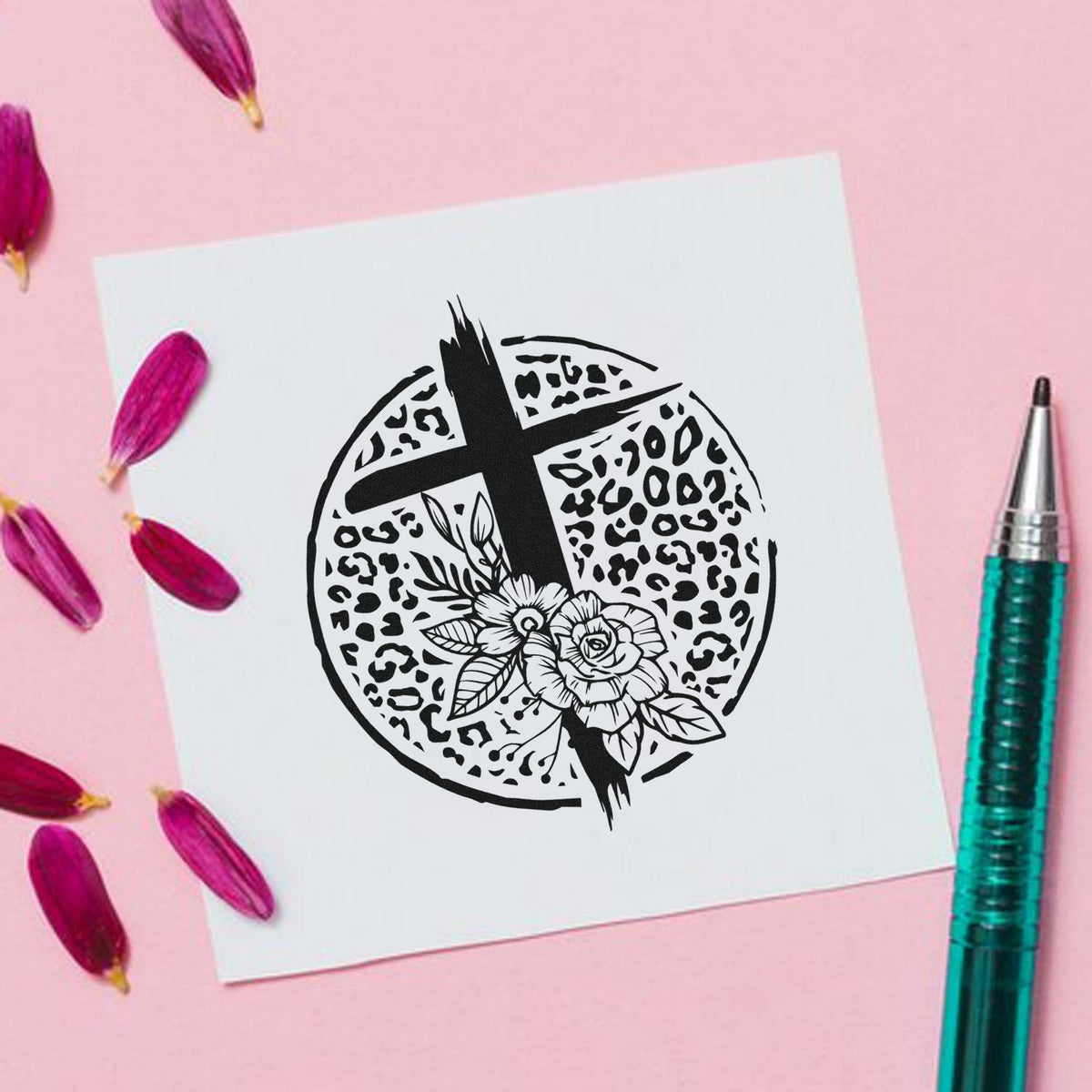 Floral leopard print cross rubber stamp on white card, perfect for faith-inspired DIY crafts and handmade stationery.