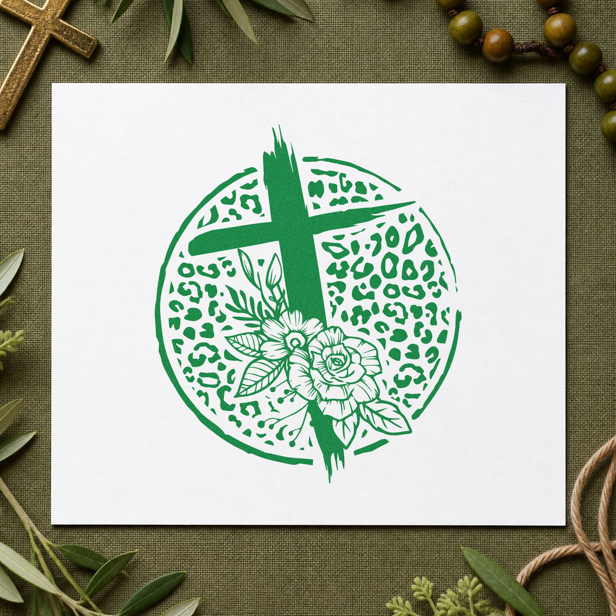 Slim Pre-Inked Cross And Flowers Leopard Circle Stamp in use 3
