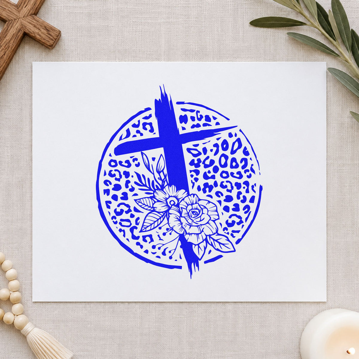 Cross And Flowers Leopard Circle Rubber Stamp – Duo Hand in use 5