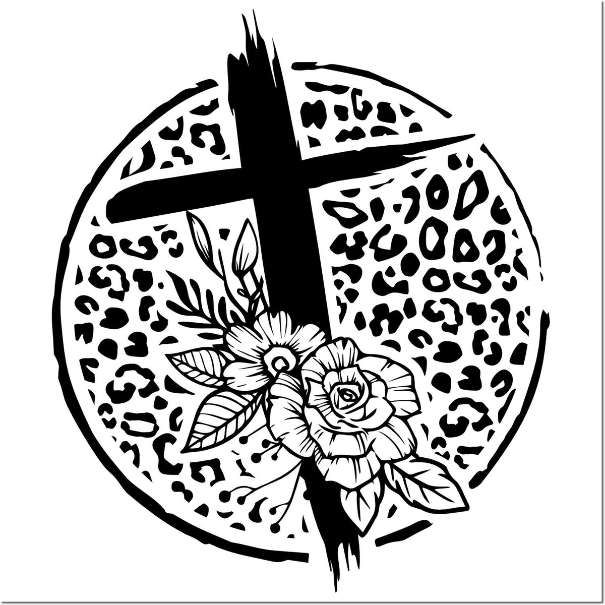 Leopard print circle rubber stamp with bold cross and floral rose design for crafting and religious decor