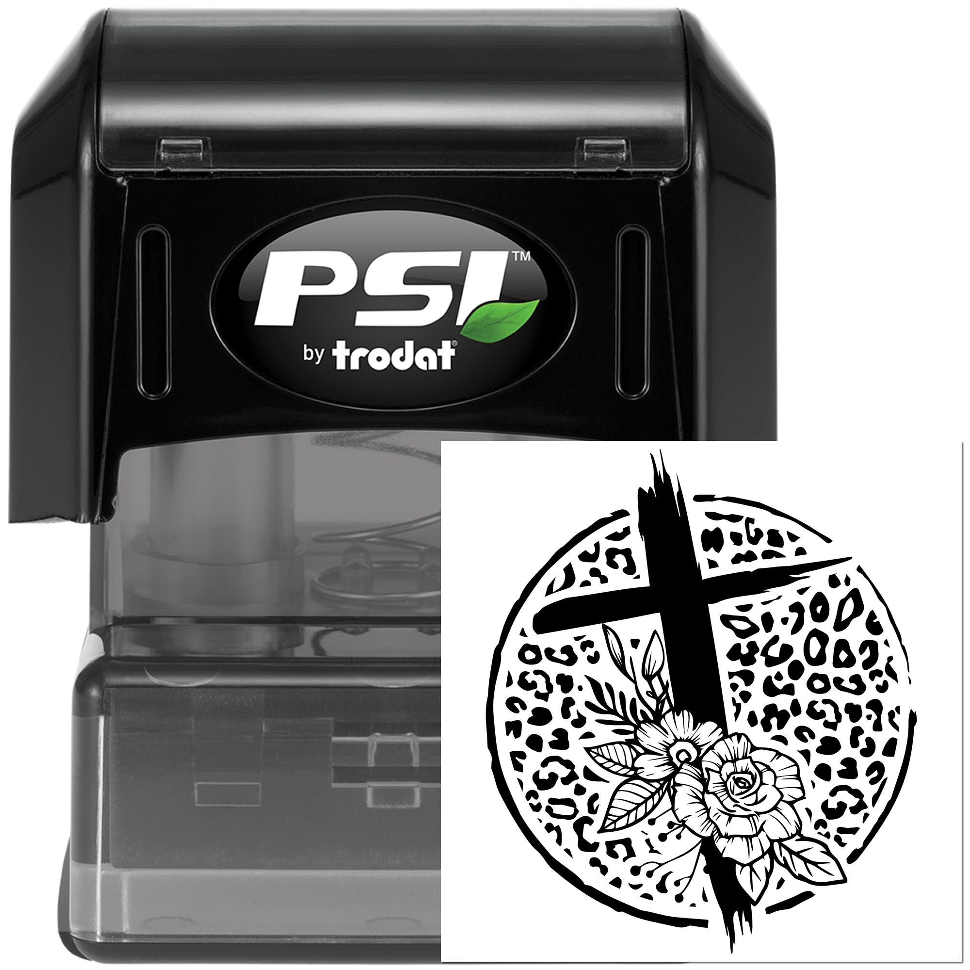 Custom self-inking rubber stamp by PSI Trodat with floral cross design for personalized craft and business stamping