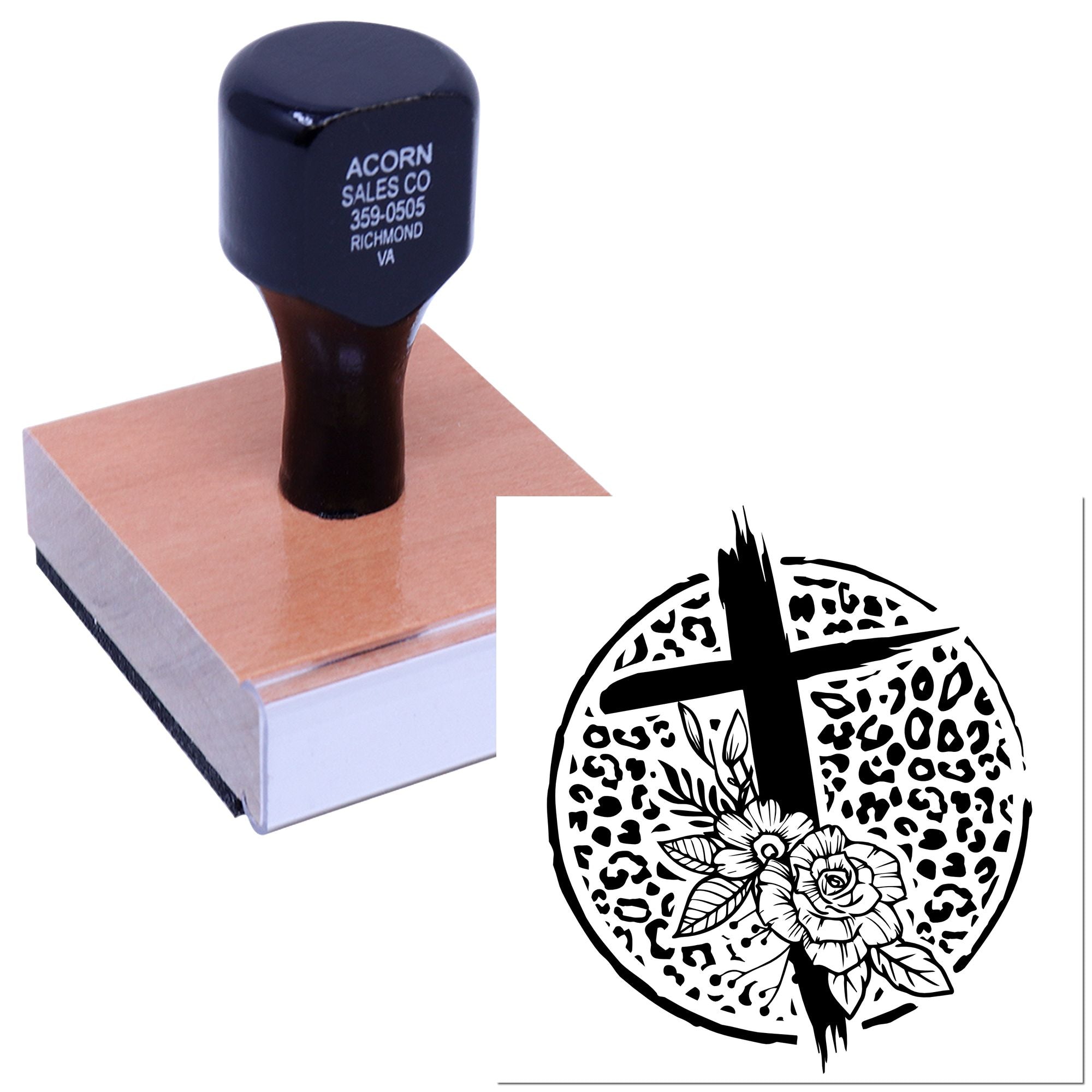 Custom rubber stamp with logo imprint and decorative floral cross design for branding, crafts, and personalized marking.