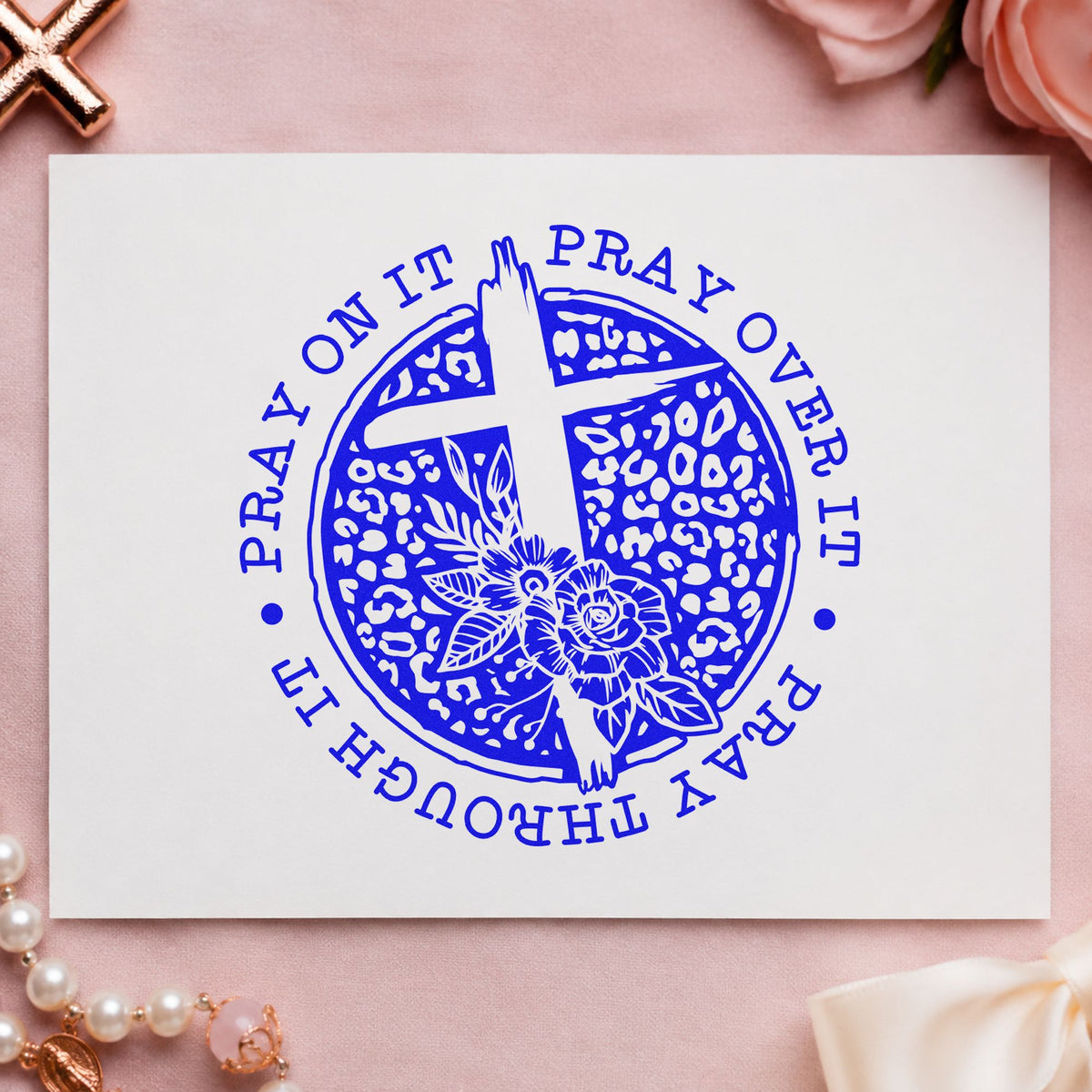 Pray Solid Floral Circle With Cross Wood-Mounted Rubber Stamp in use 6