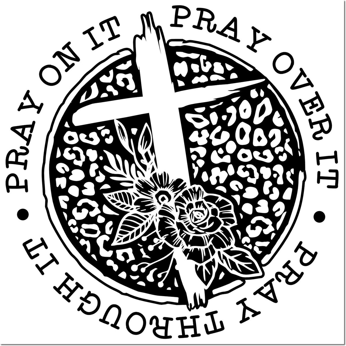 Pray It Through Christian rubber stamp design with cross and floral wreath, ideal for faith-based crafts.