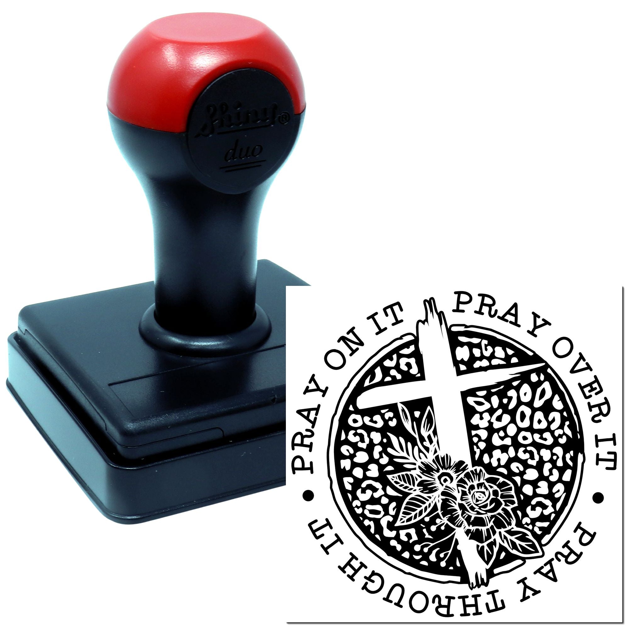 Custom self-inking rubber stamp with Pray It Over It floral cross imprint for Christian crafts and church projects.