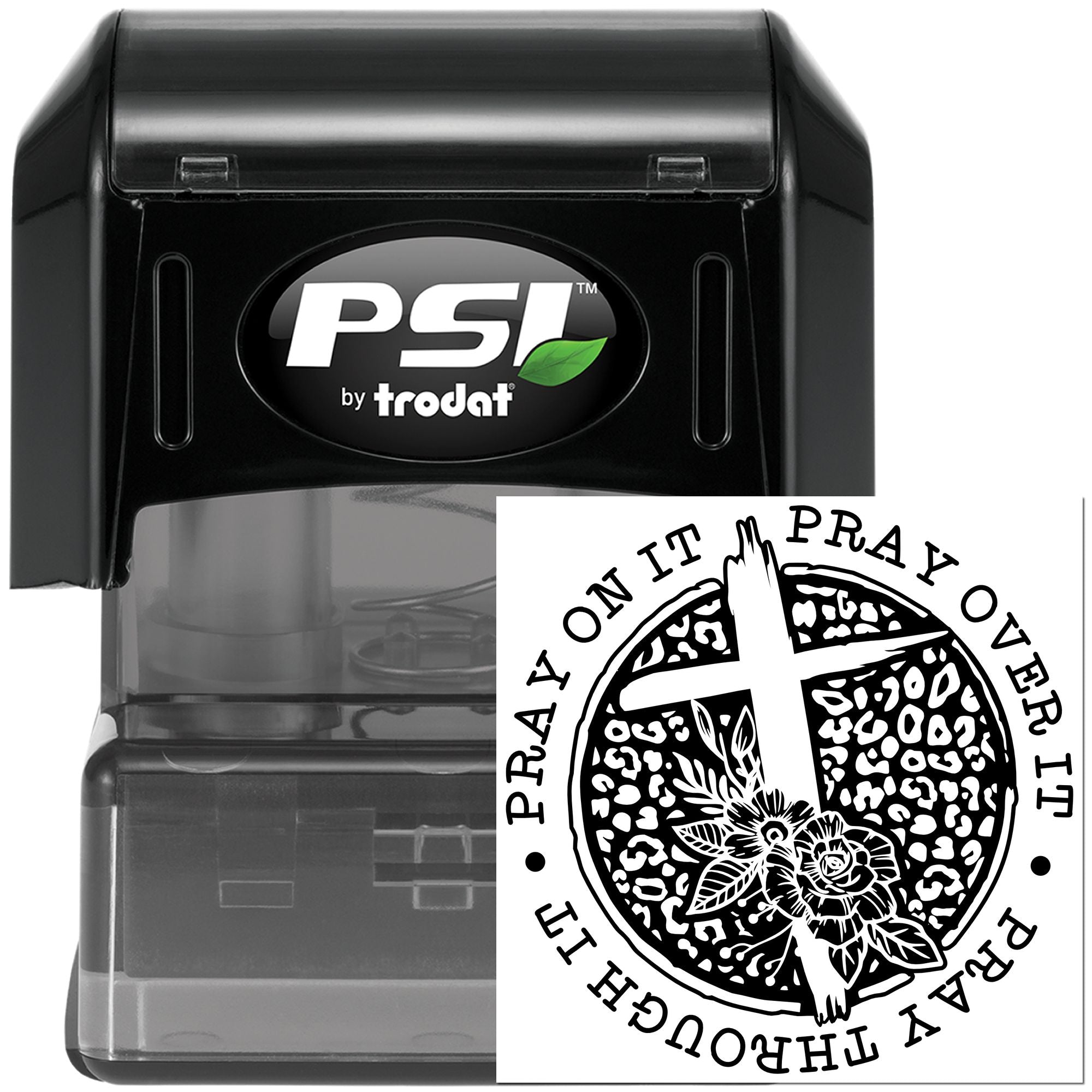 PSI by Trodat self-inking rubber stamp with Christian prayer design reading Pray It Over It, Pray Through It and a cross.