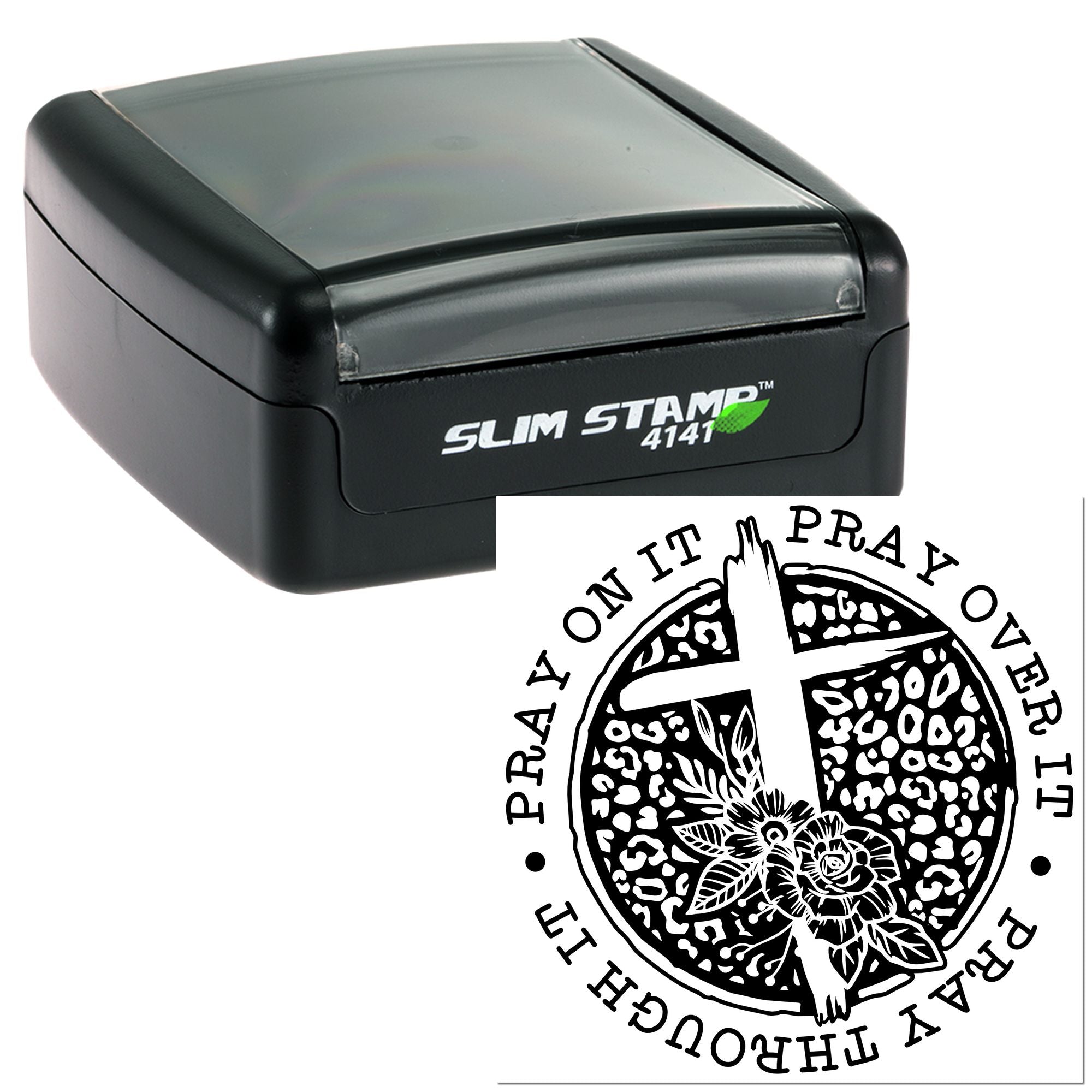 Self-inking rubber stamp with custom Christian prayer design, featuring Pray on it, pray over it, through it imprint.