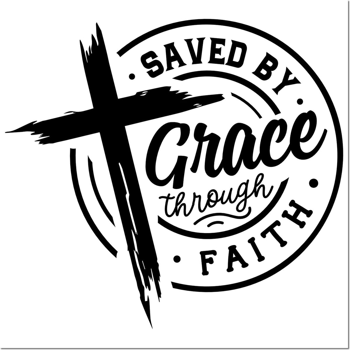 Christian rubber stamp design with cross and Saved by Grace through Faith text for faith-based crafts.