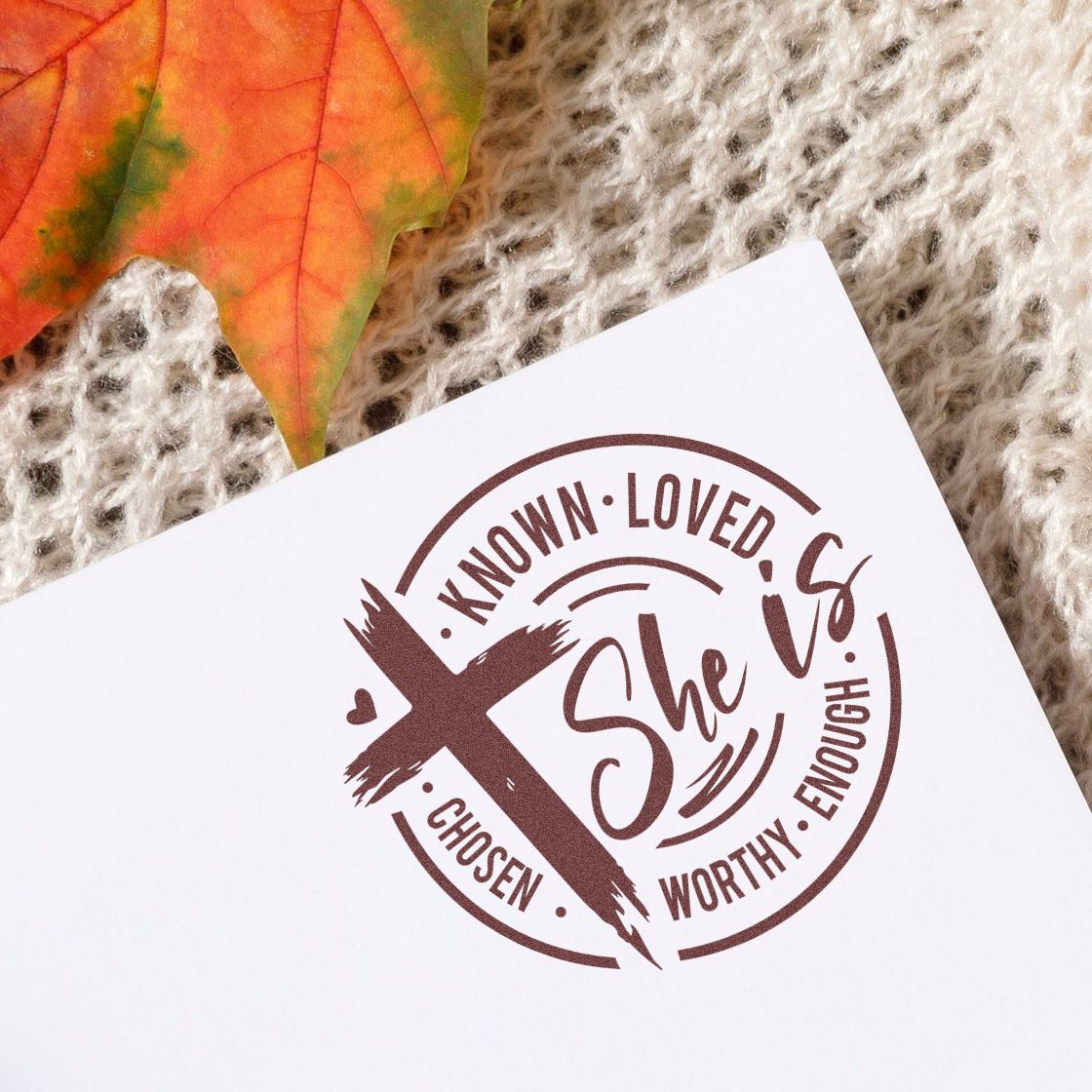 Christian rubber stamp design with cross and She is known, loved, chosen, worthy, enough faith affirmation message.