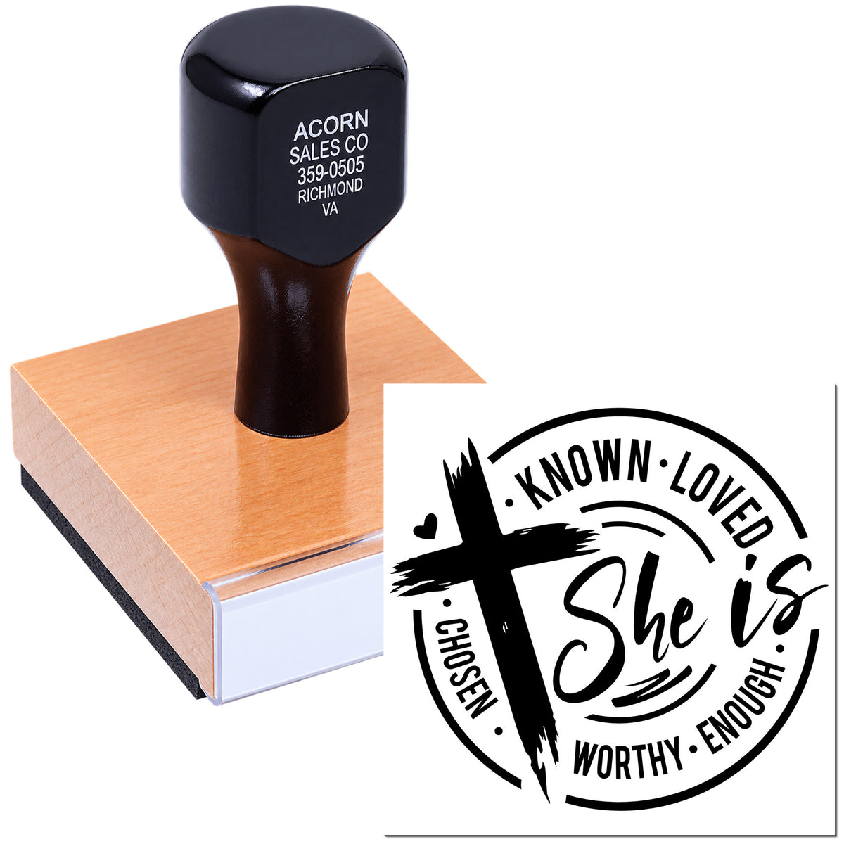 Custom rubber stamp with inspirational Known, Loved, Chosen, Worthy, Enough design for cards, crafts, and packaging.