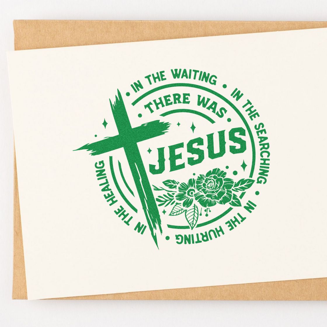 Christian rubber stamp design with cross, flowers, and There Was Jesus faith quote for church crafts and handmade cards.