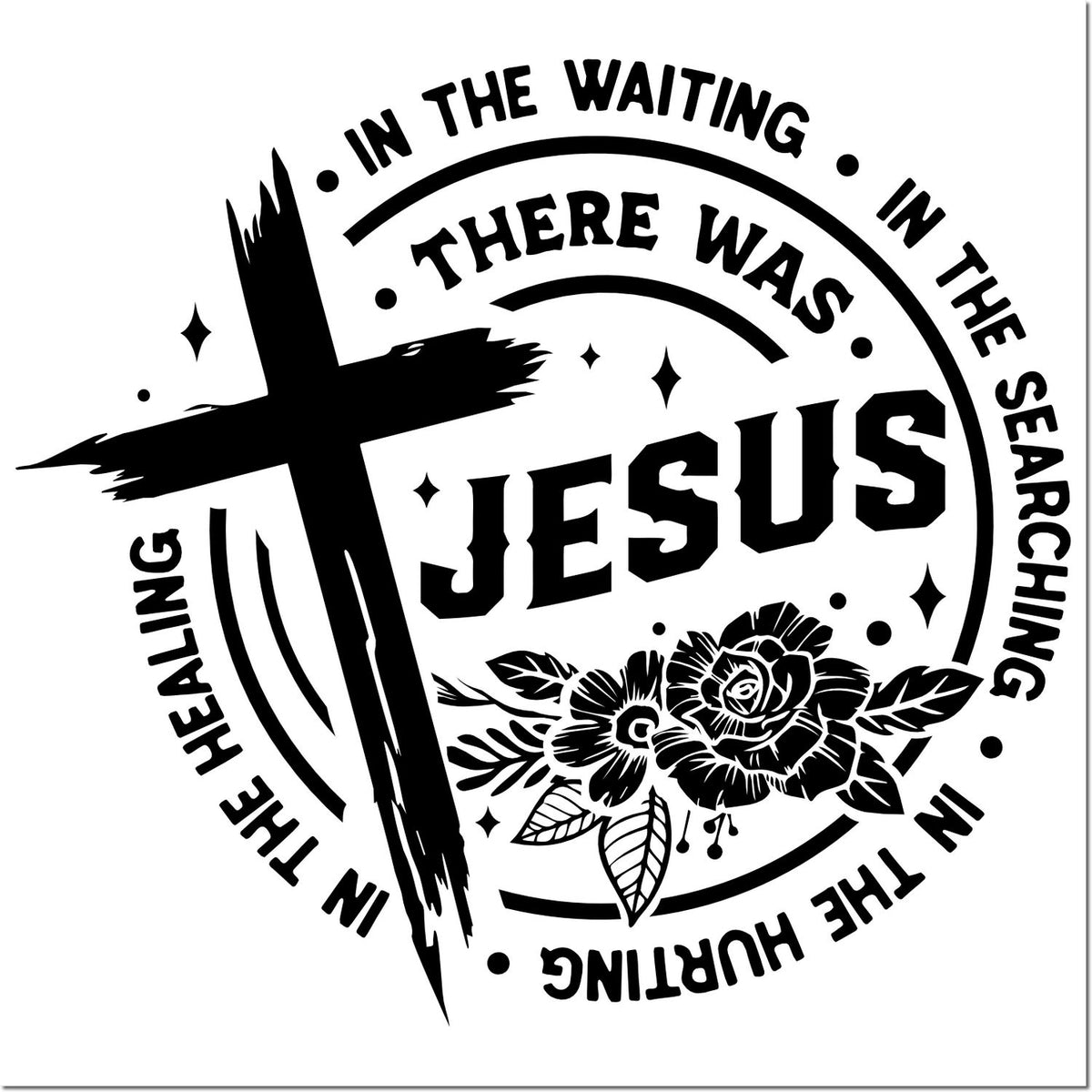 Christian rubber stamp design with cross, flowers, and quote In the waiting, there was Jesus for faith and healing crafts