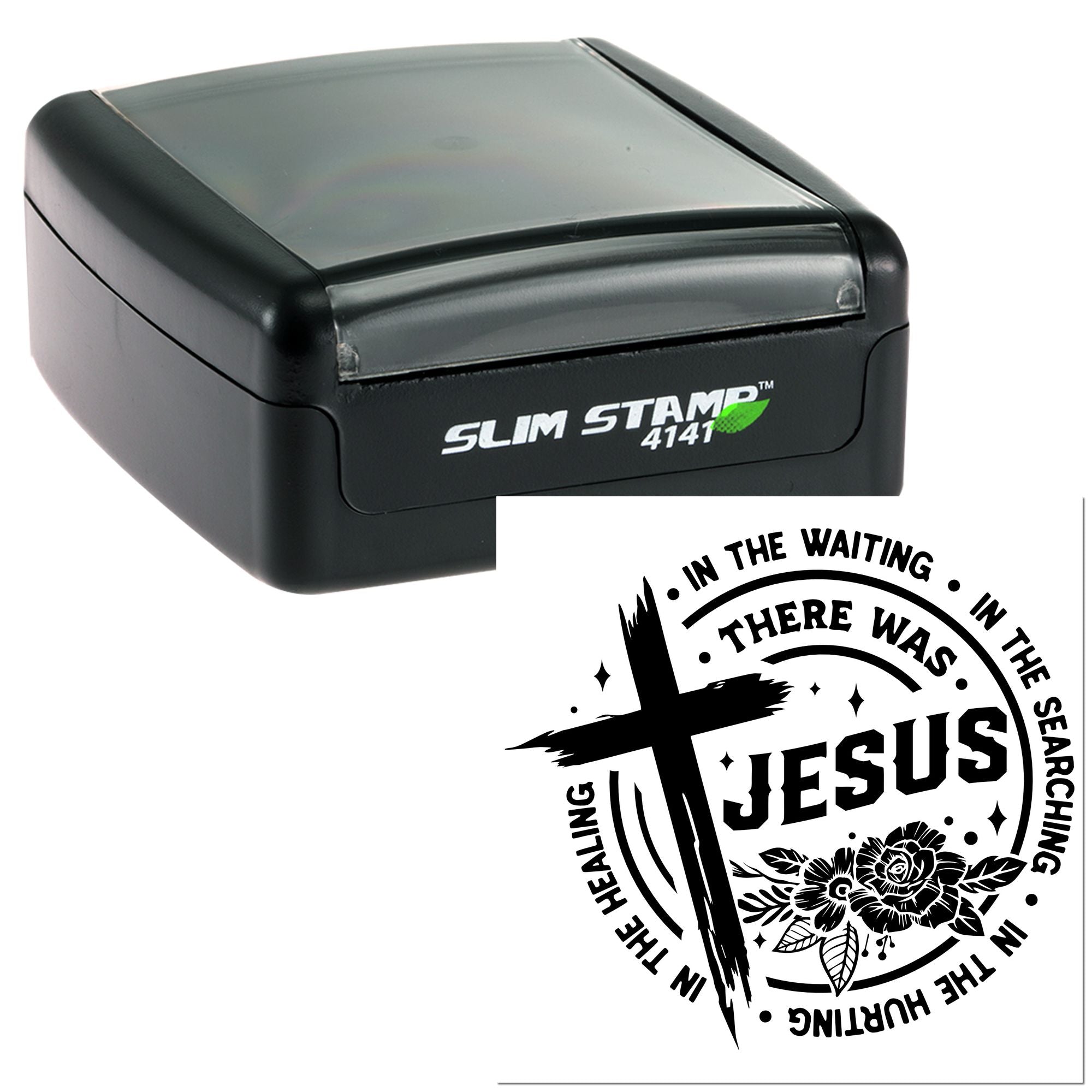 Self-inking rubber stamp with In the Waiting There Was Jesus Christian healing design for church and ministry use.