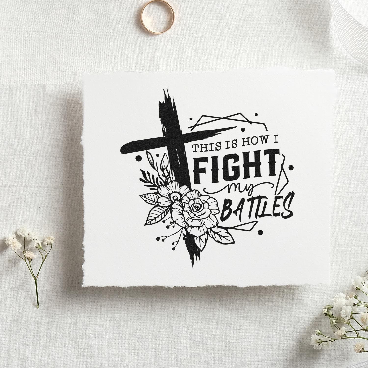 Christian rubber stamp design with cross, flowers, and This Is How I Fight My Battles for faith-based crafts.