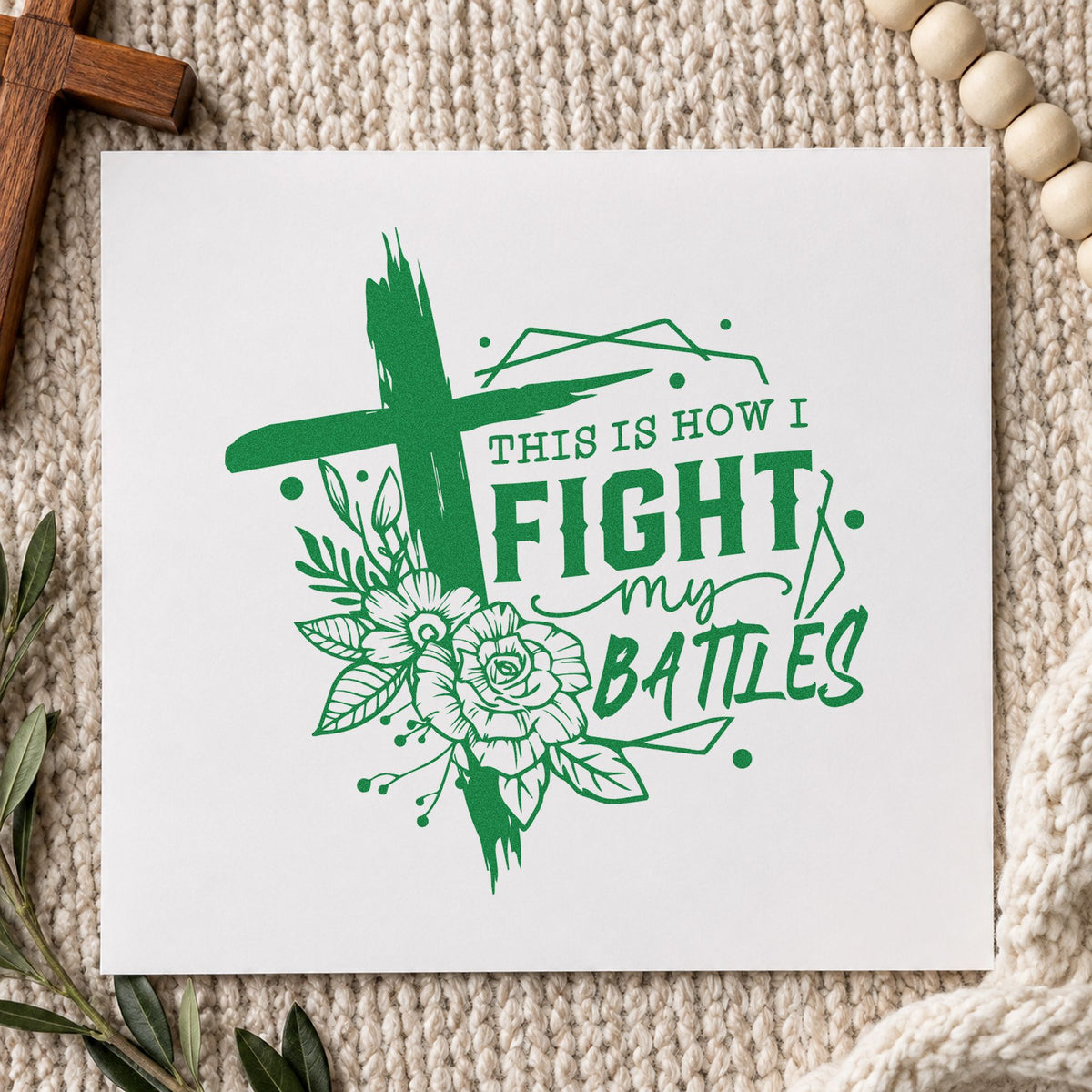 Fight My Battles Floral Frame craft stamp imprint in green ink on a handmade project, one idea being worship set pages.