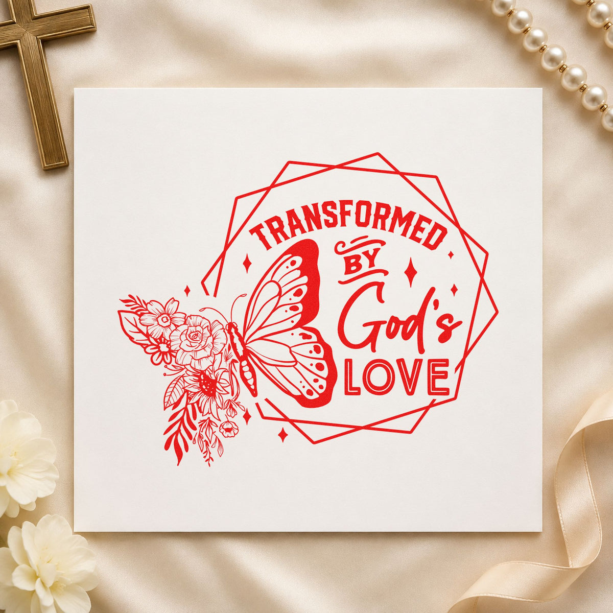 Transformed by God's Love rubber stamp shown in red ink, stamped for projects such as rehab graduation notes.