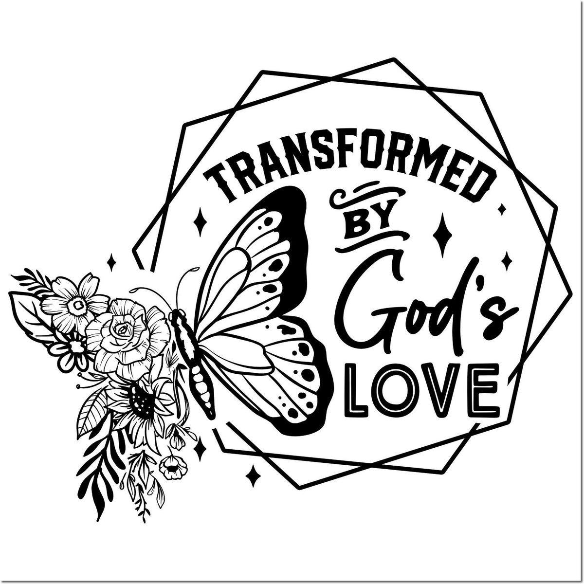 Christian butterfly floral rubber stamp design with Transformed by Gods Love quote for faith-based crafts and scrapbooking.