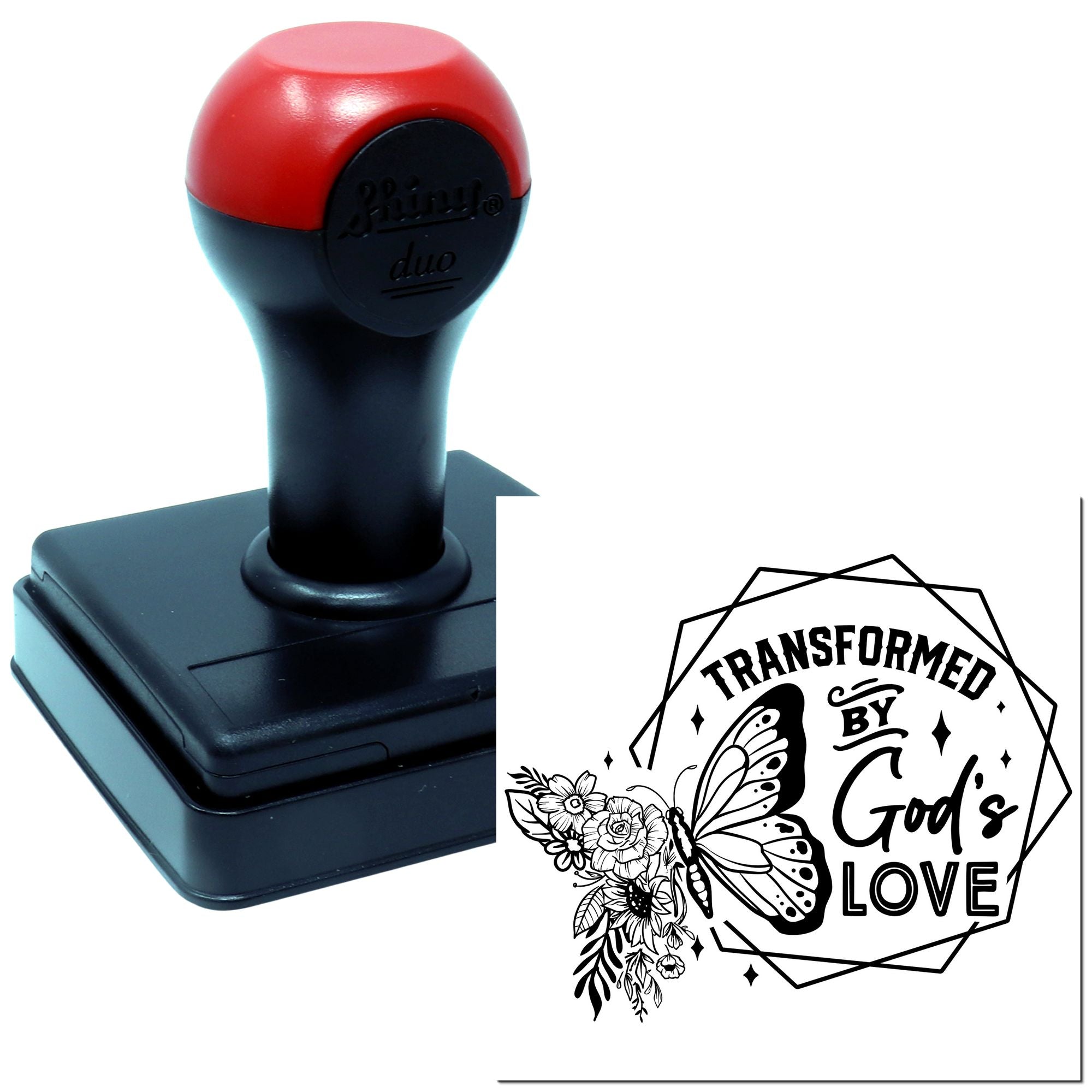 Custom self-inking rubber stamp with Transformed by Gods Love butterfly floral design for faith-based crafting.