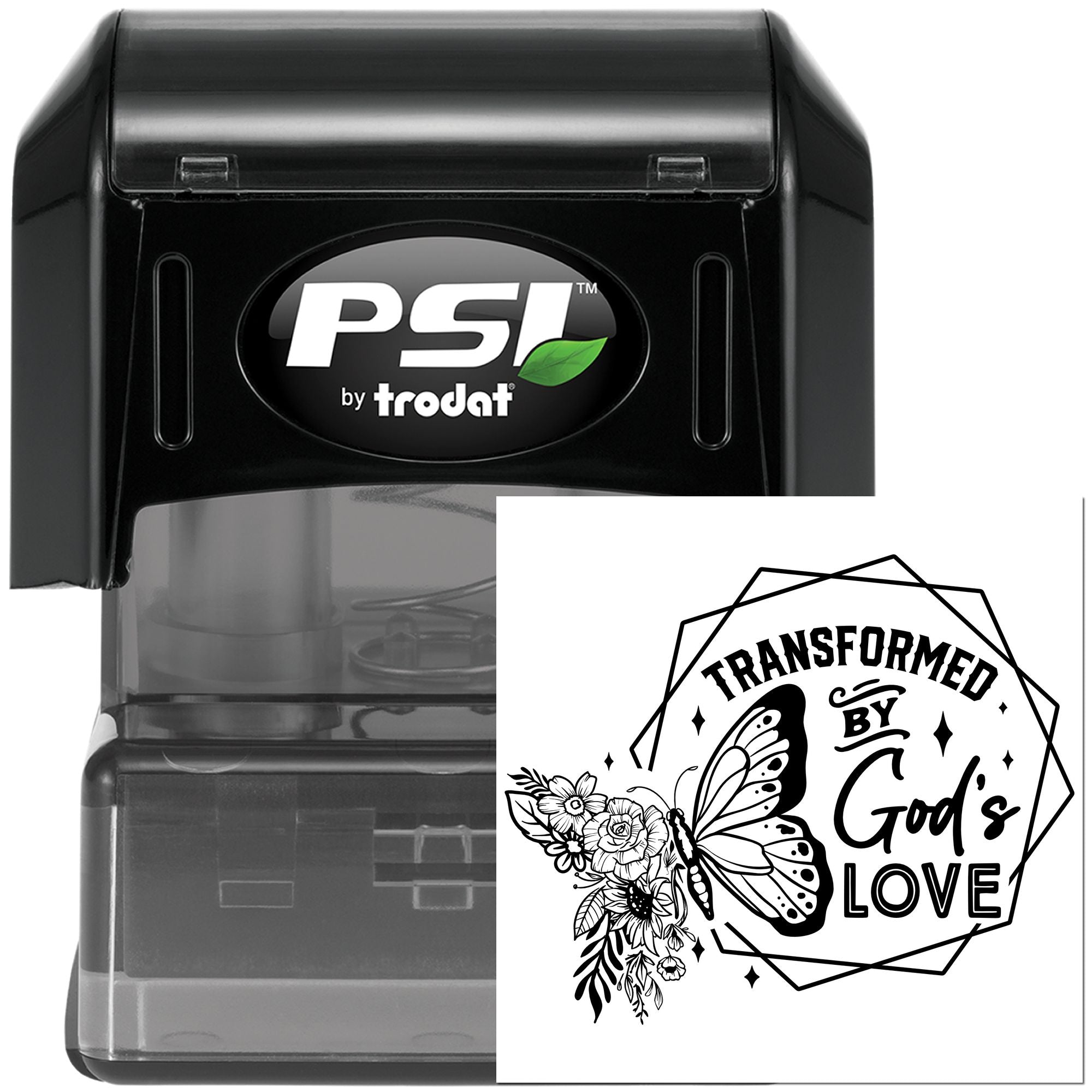 PSI by Trodat self-inking rubber stamp with custom butterfly floral Transformed by Gods Love design.