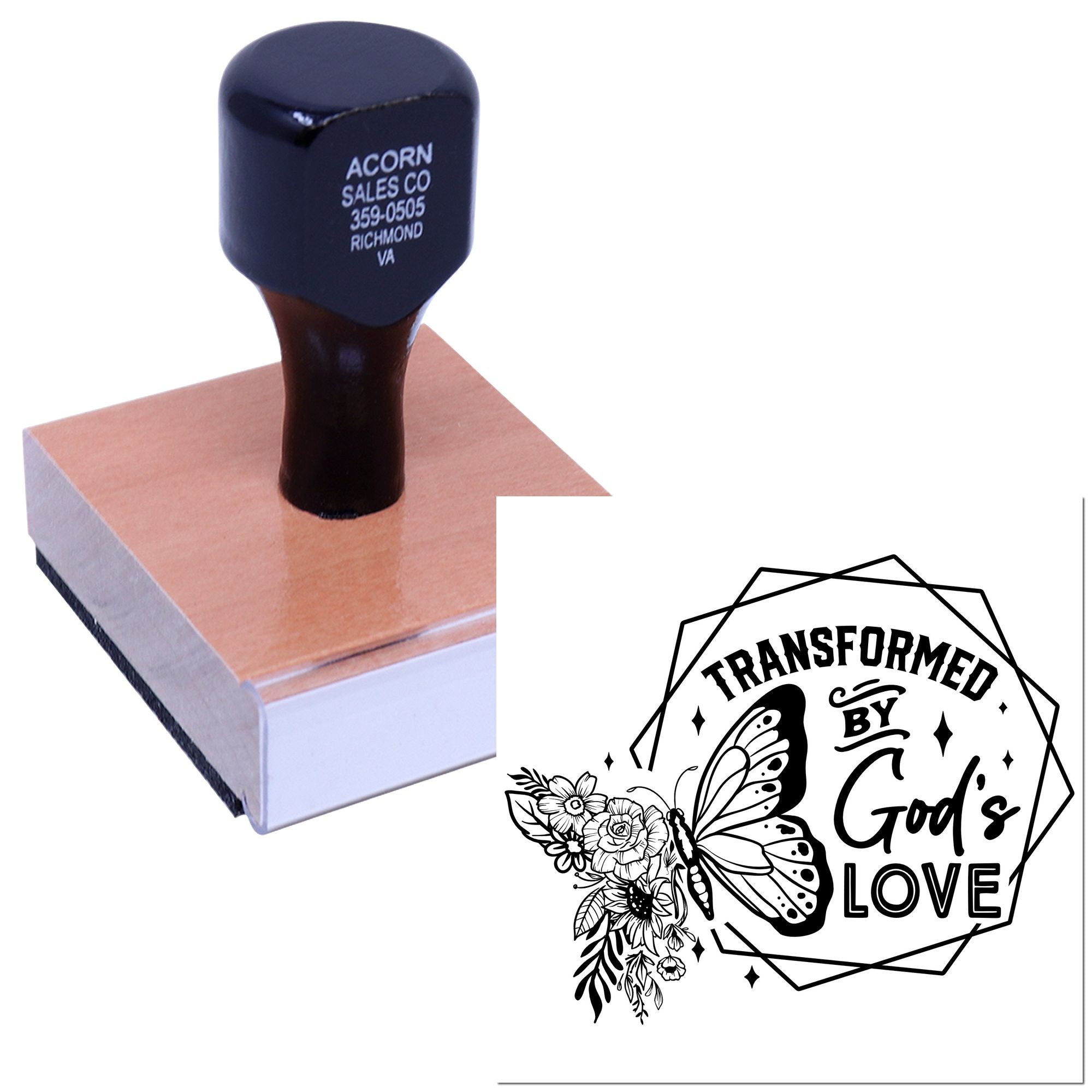 Custom wood handle rubber stamp with butterfly floral design and Transformed by Gods Love imprint for faith crafts.