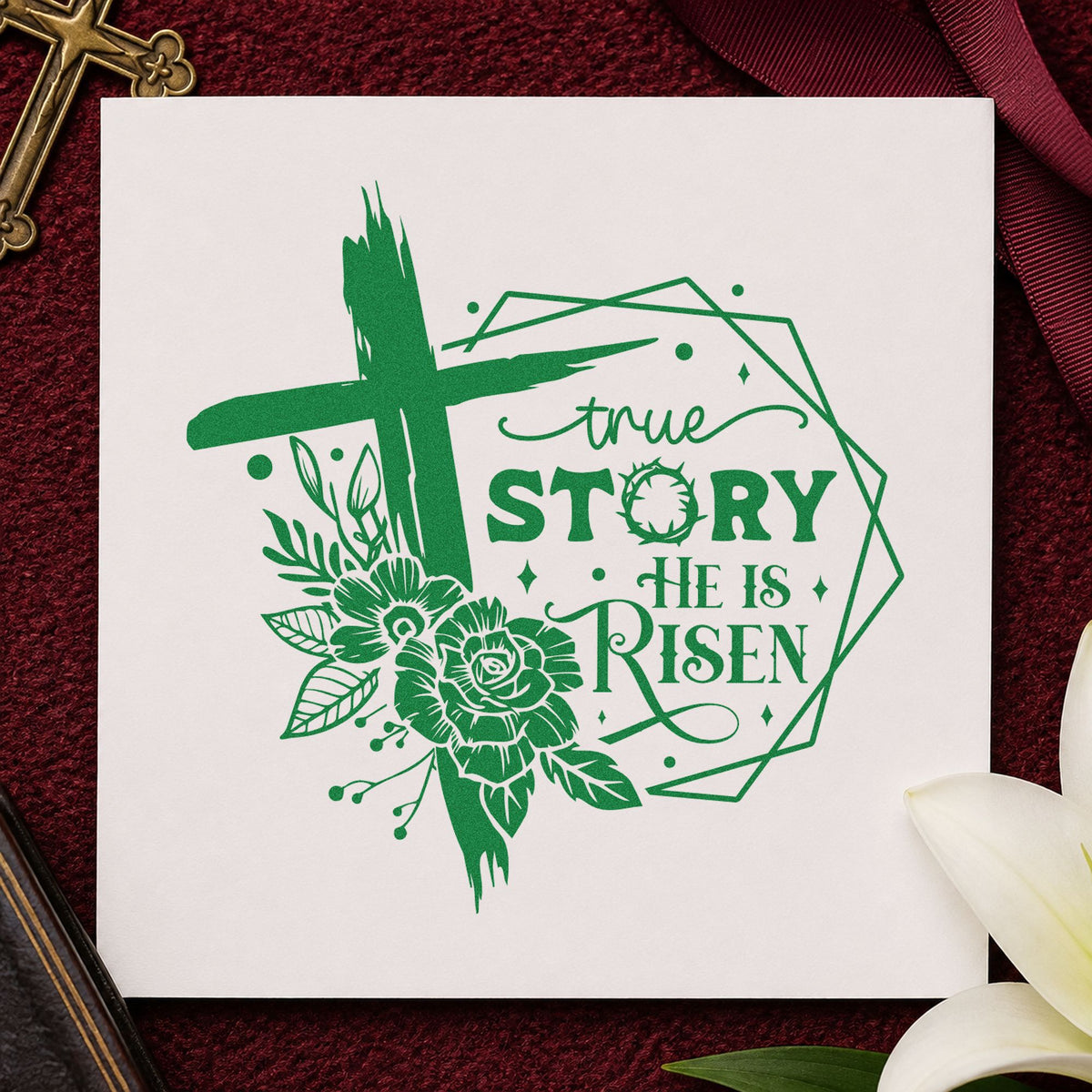 True Story Risen Rose Frame craft stamp imprint in green ink on a handmade project, one idea being sunrise program pages.
