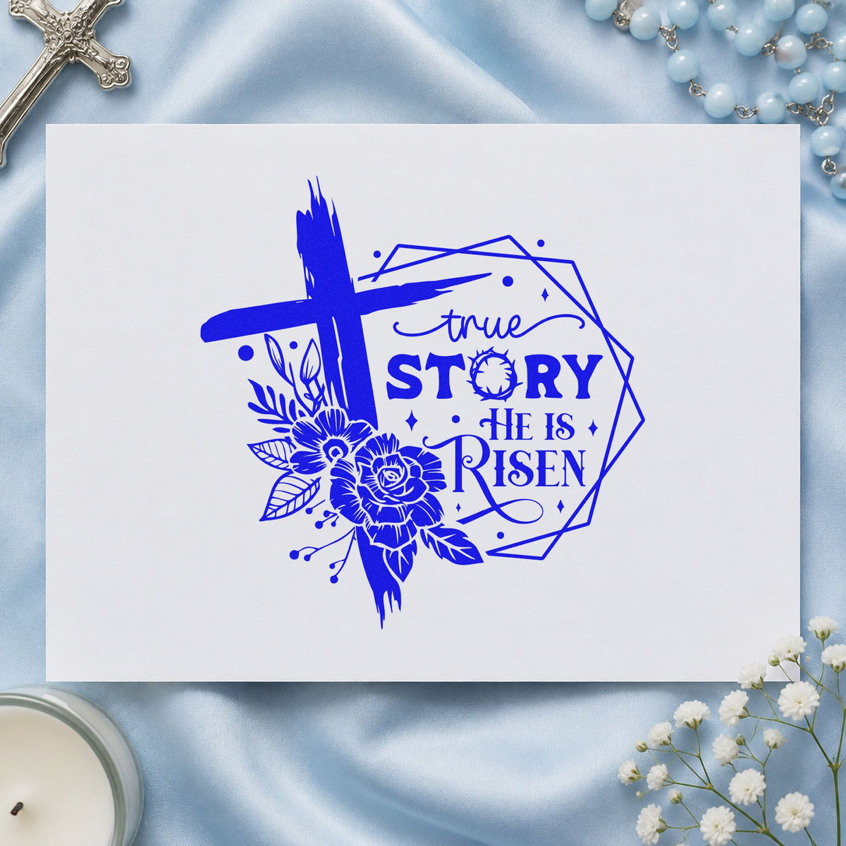 True Story Risen Rose Frame craft stamp in blue ink on cardstock, an easy option for choir stole panels.