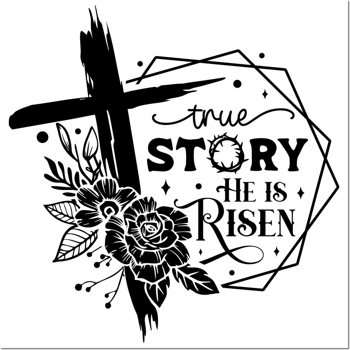 Christian rubber stamp design with cross, florals, and He Is Risen true story quote for Easter crafting