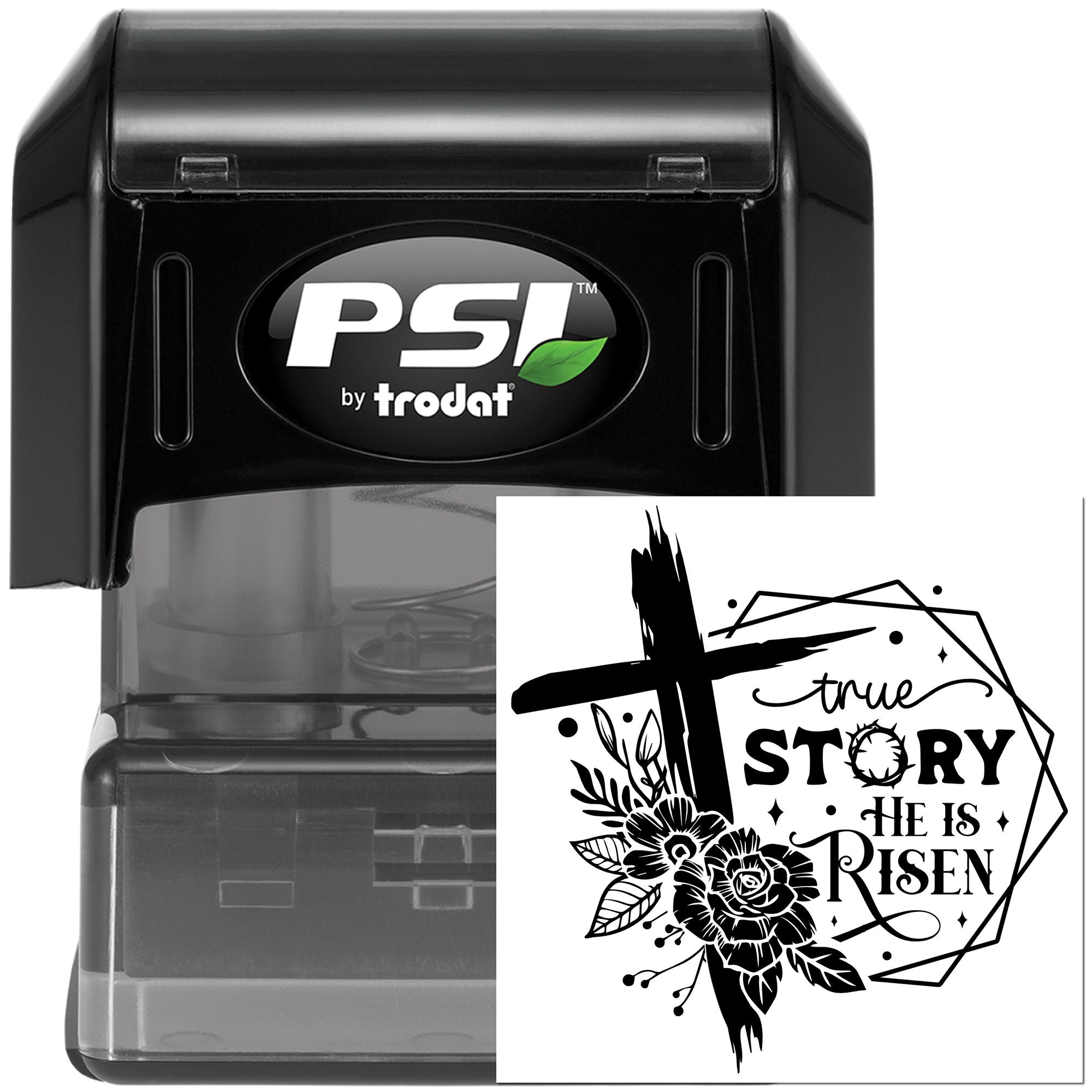 PSI by Trodat self-inking rubber stamp with custom He Is Risen Christian Easter design for faith-based stamping.