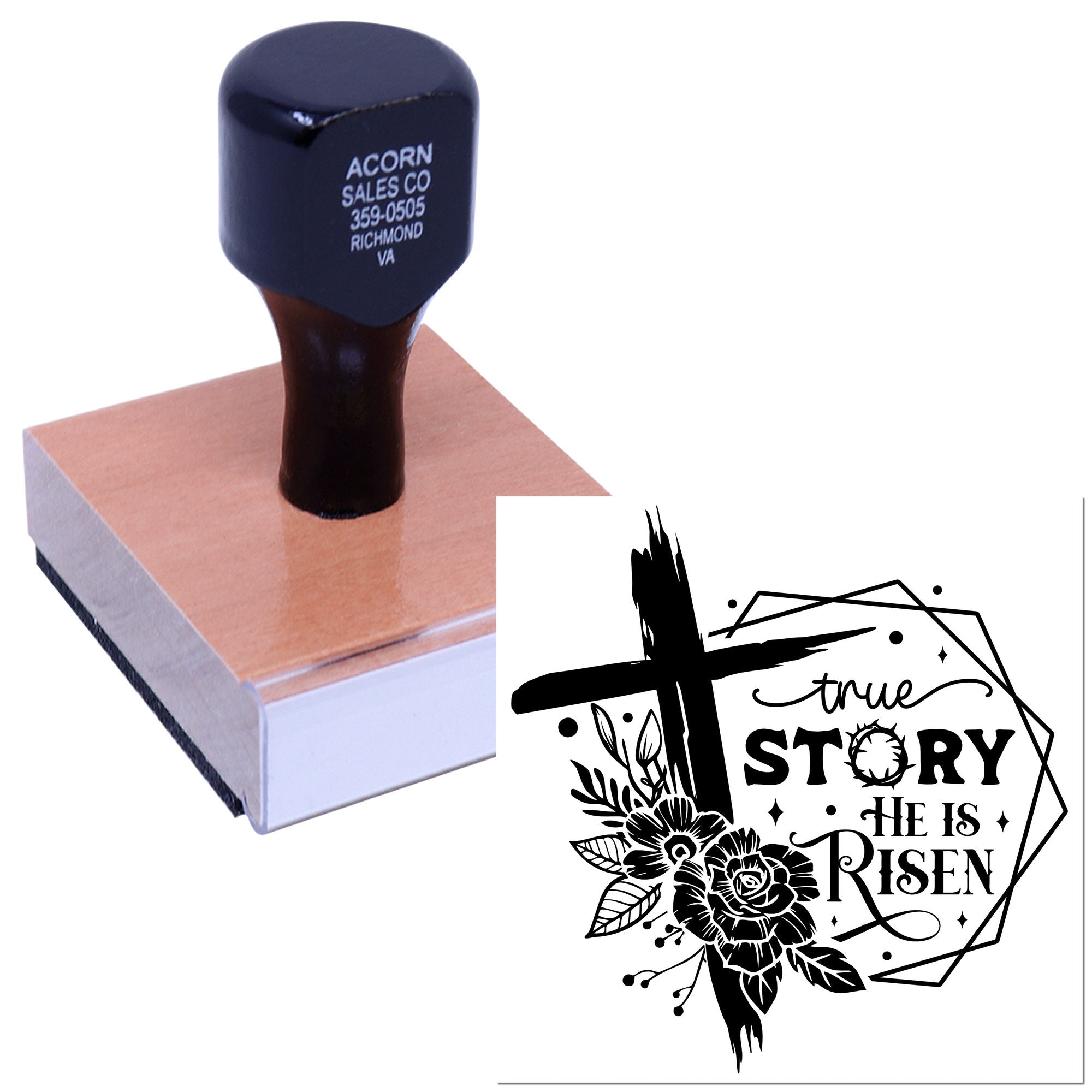 Custom rubber stamp with He Is Risen cross and floral design, ideal for Easter cards, church crafts, and Christian stationery.