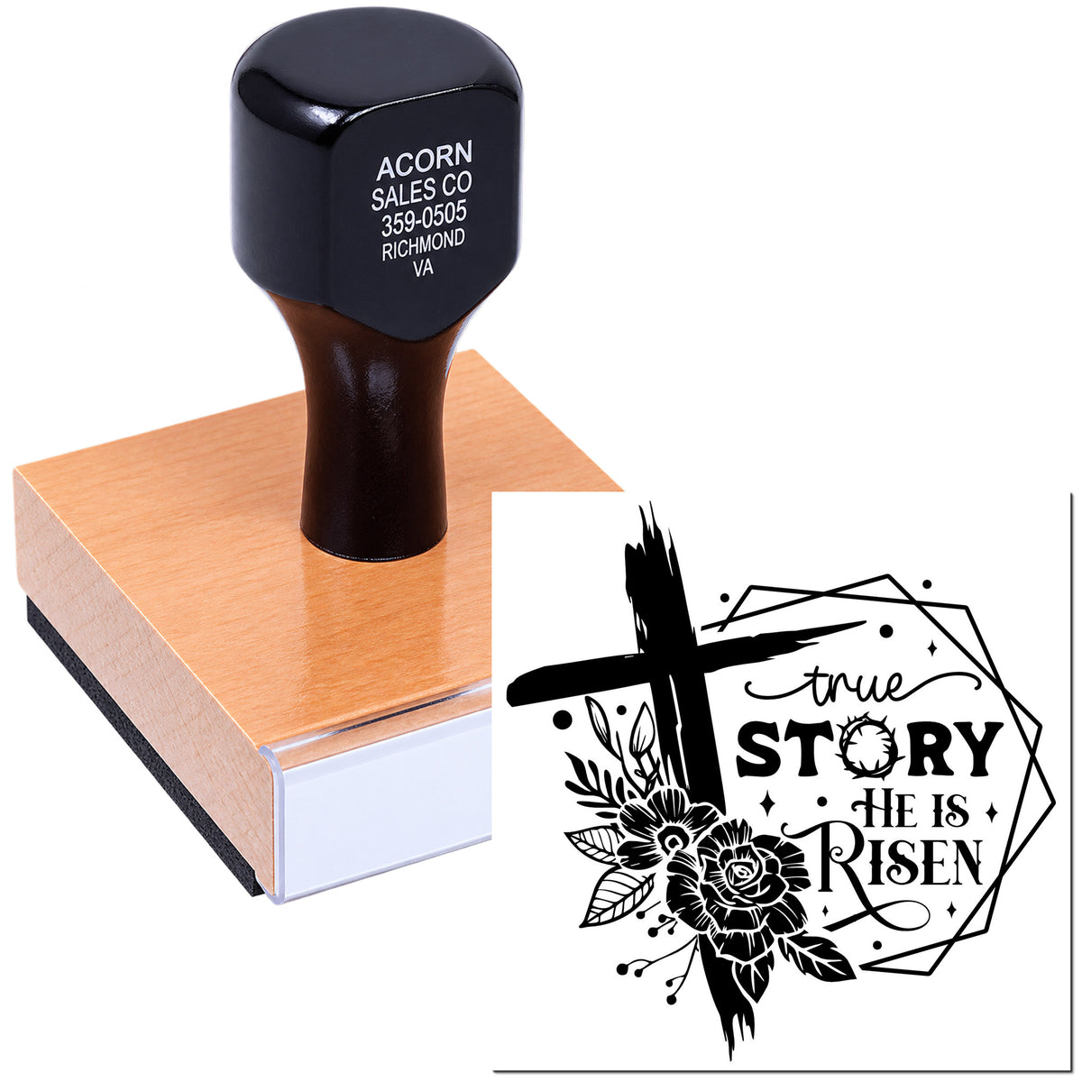 Custom rubber stamp with He Is Risen cross and floral design, ideal for Easter cards, church crafts, and Christian stationery.