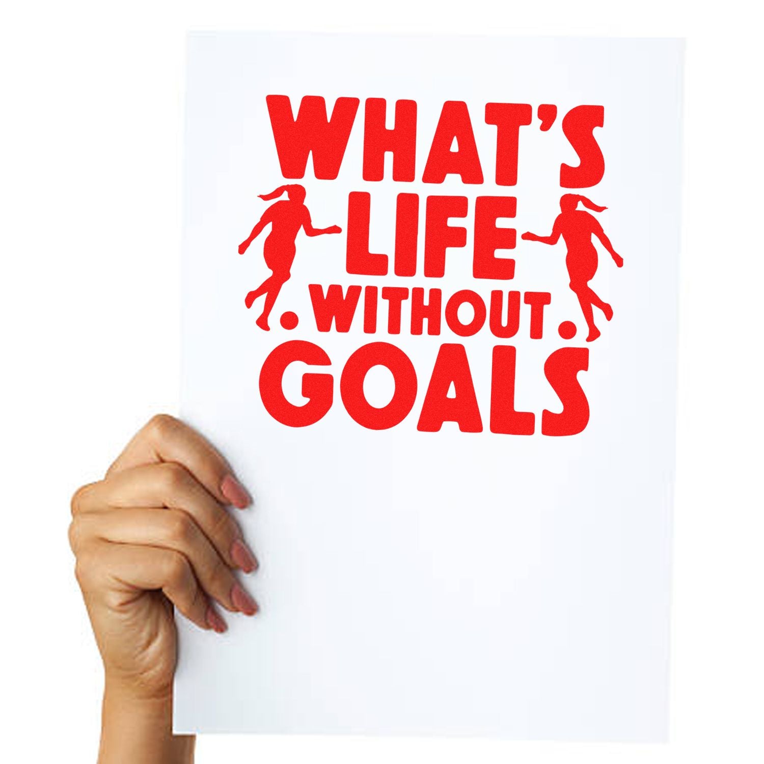 Custom rubber stamp design with red Whats Life Without Goals text and runner silhouettes on white paper.