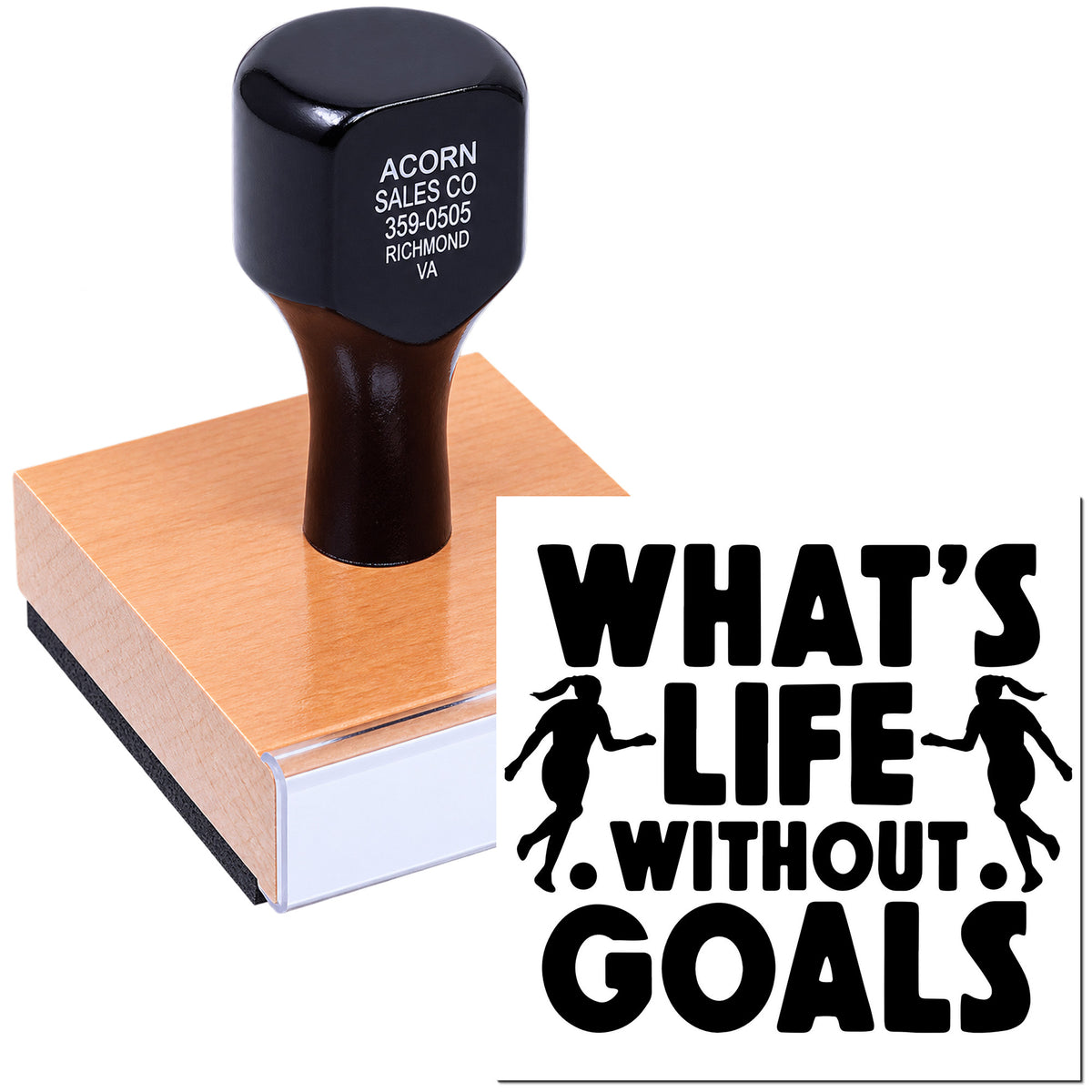 Custom motivational rubber stamp with Whats life without goals design for business branding and office use.