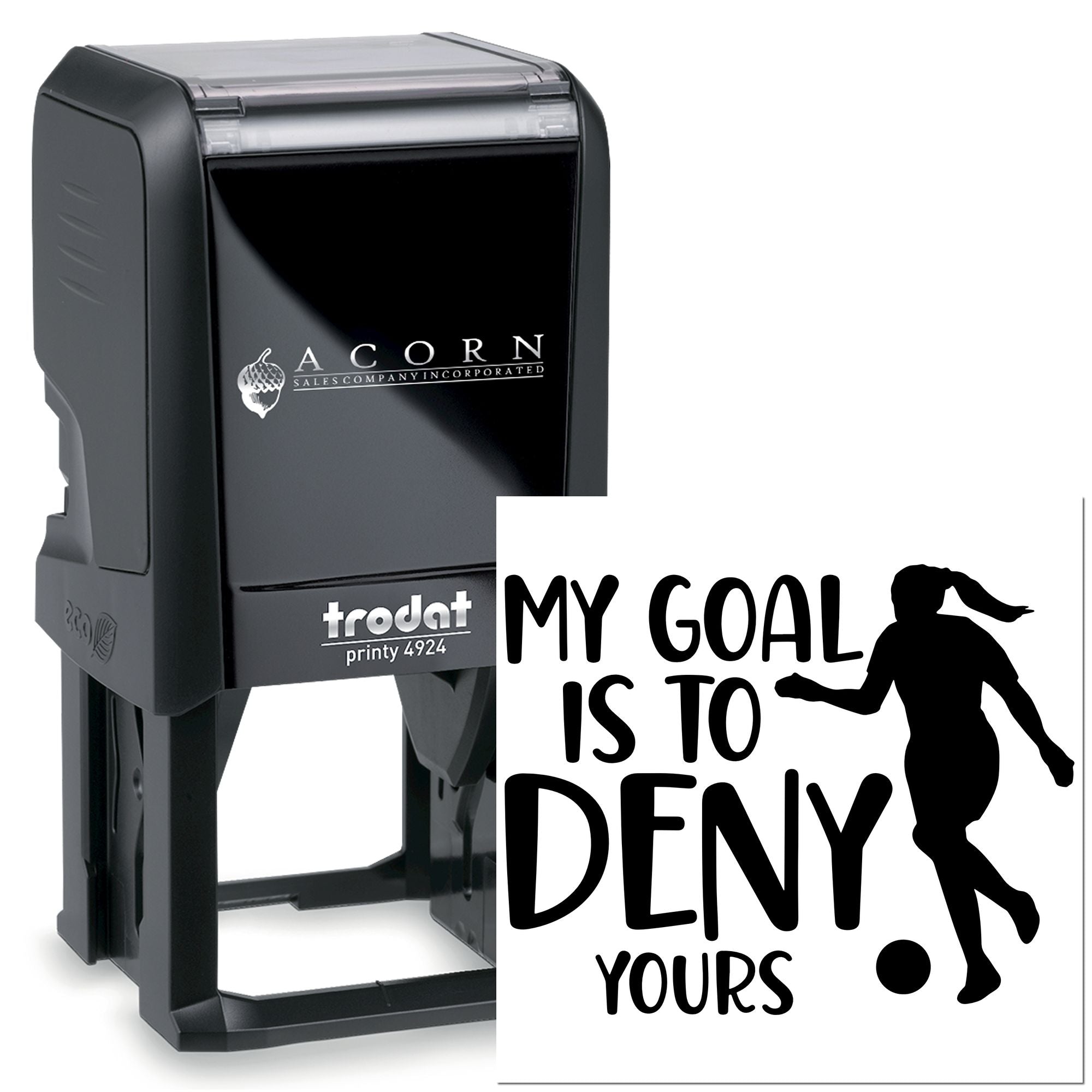 Custom self-inking rubber stamp with My Goal Is to Deny Yours soccer design for personalized sports branding and team use