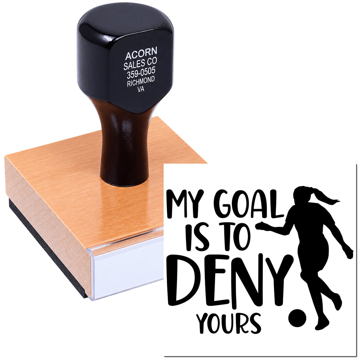 Custom rubber stamp featuring My Goal Is To Deny Yours soccer player silhouette design.