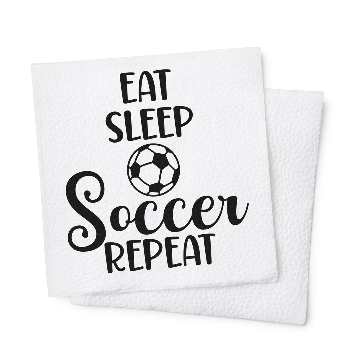 Eat Sleep Soccer Repeat Lettering Premium Wooden Stamp - Vintage Pro imprint stamped in black ink. A small soccer ball sits within stacked "Eat sleep soccer repeat" lettering.