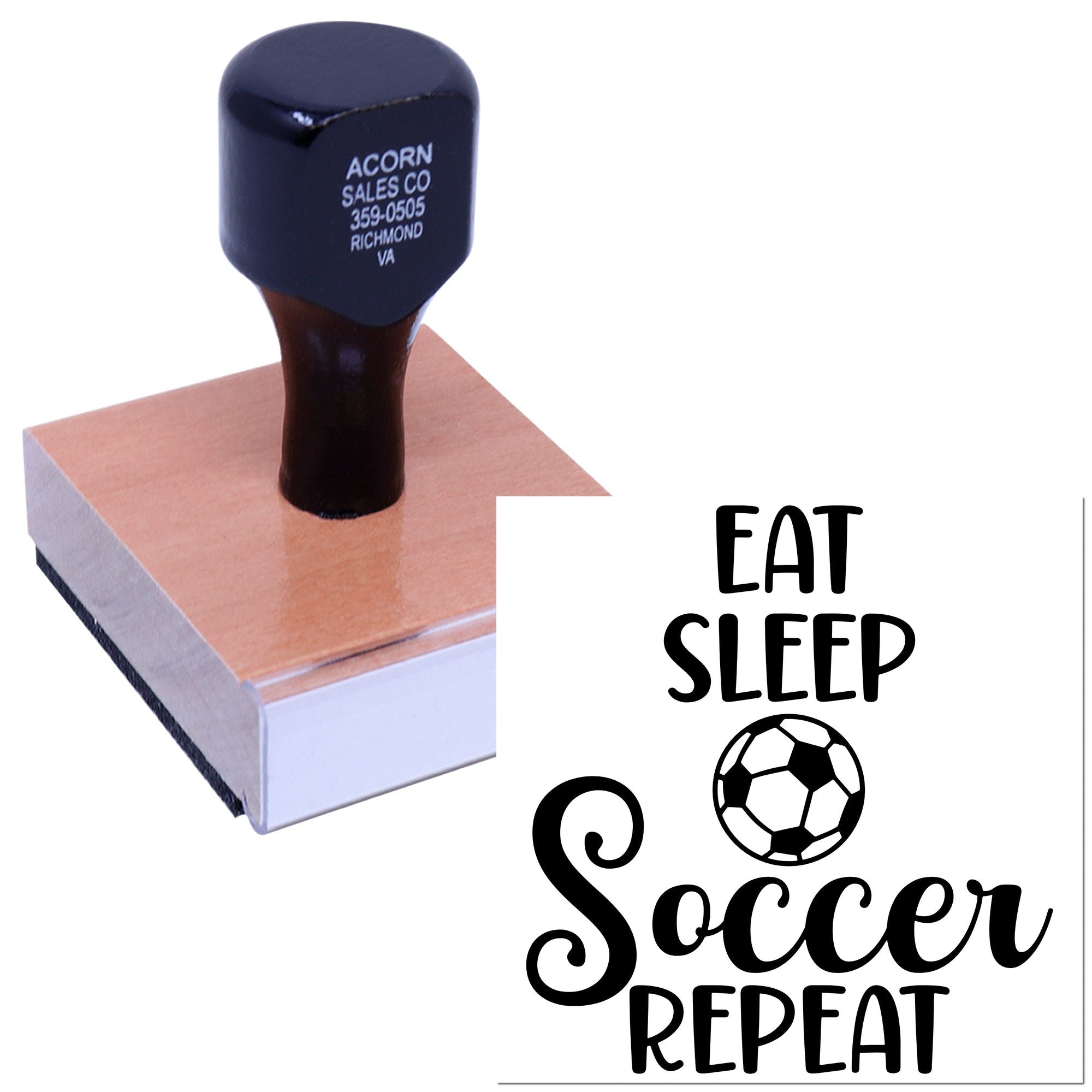 Custom self-inking rubber stamp featuring Eat Sleep Soccer Repeat design for sports crafts, team branding, and gifts.