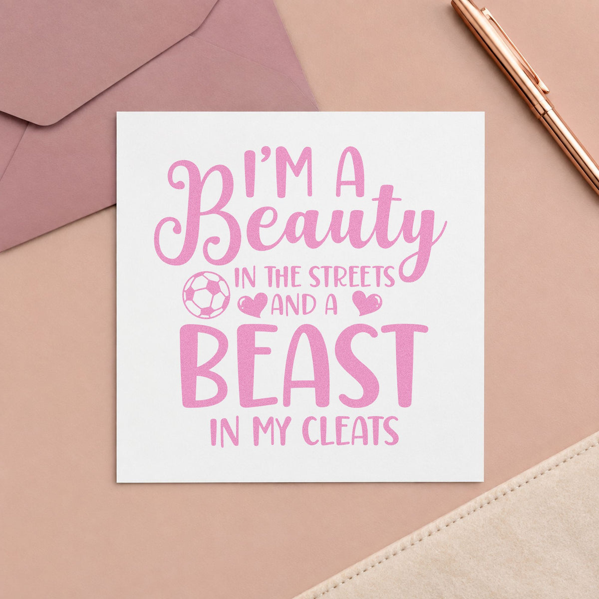 Beauty in Streets Beast in Cleats craft stamp in purple ink on cardstock, an easy option for cleat bag tags.