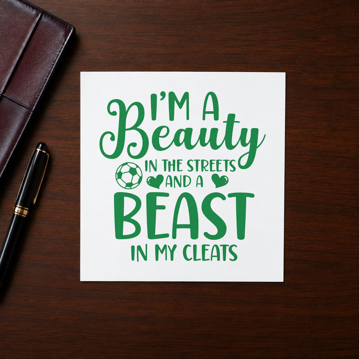 Beauty in Streets Beast in Cleats craft stamp imprint in green ink on a handmade project, one idea being framed dorm wall.