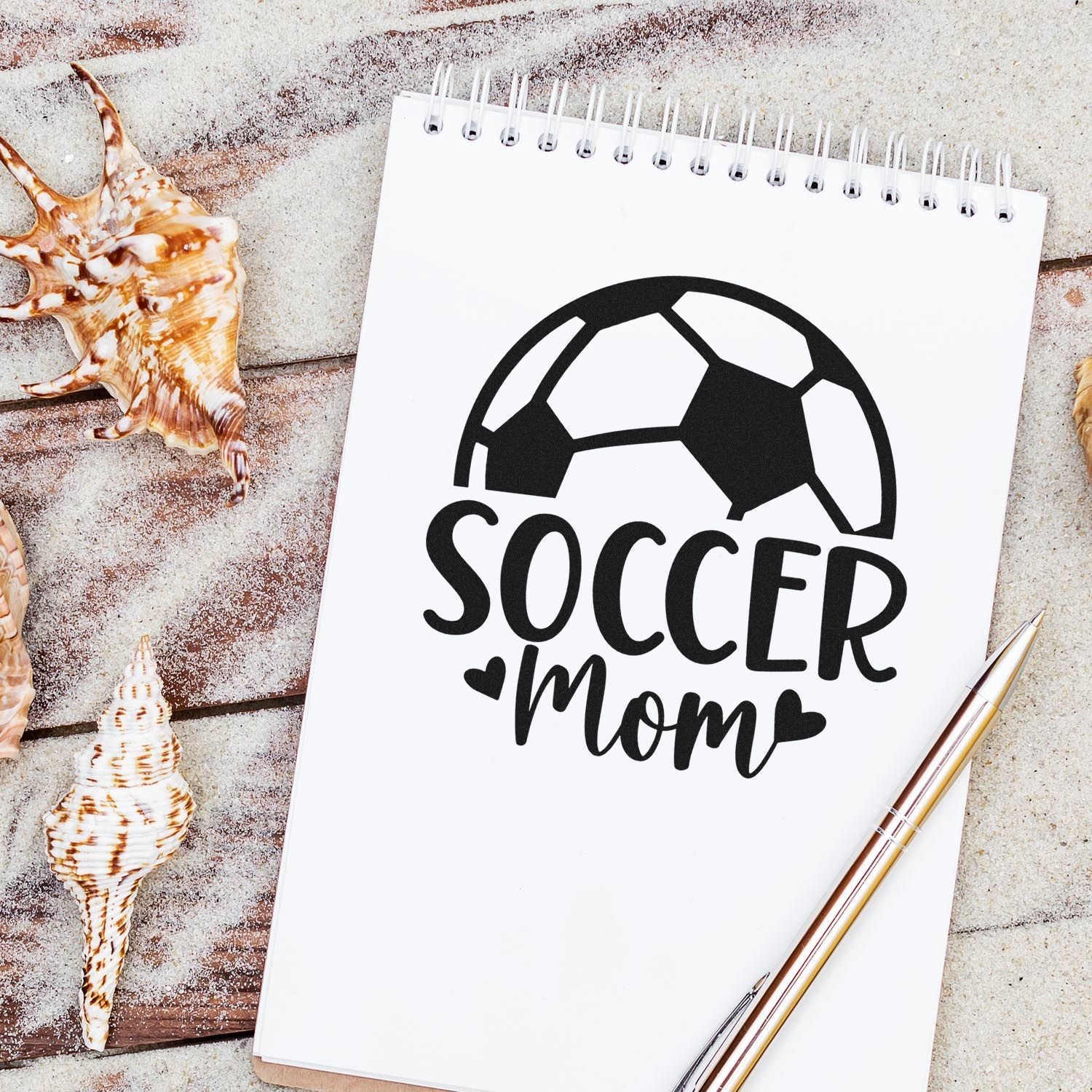 Soccer Mom rubber stamp design with soccer ball icon, ideal for sports-themed crafts, planners, and gifts.