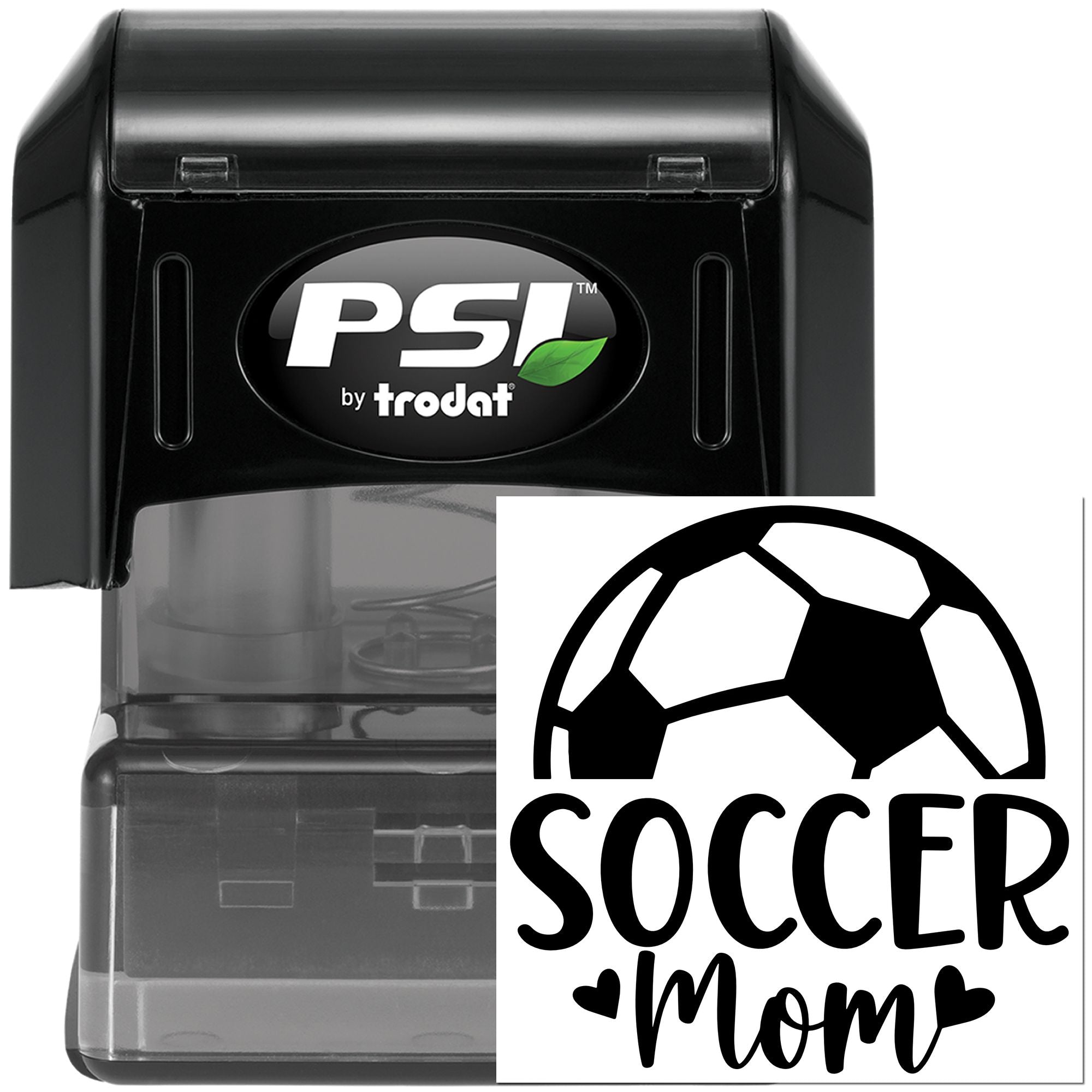Self-inking rubber stamp with custom Soccer Mom design and soccer ball, ideal for personalized school and sports labeling.