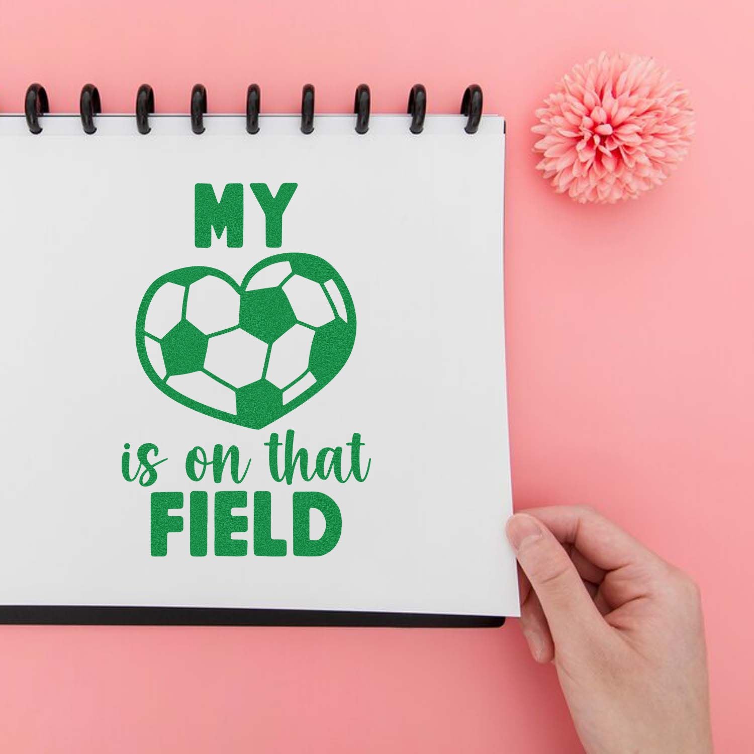 Soccer rubber stamp design reading My heart is on that field with a heart-shaped soccer ball for sports crafting.