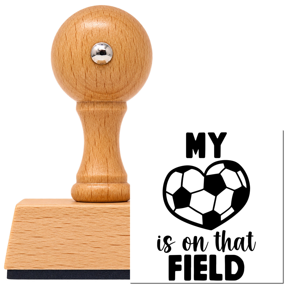 Soccer Heart On That Field Vintage Pro rubber stamp in European beech wood with a round knob handle, shown beside its black imprint.